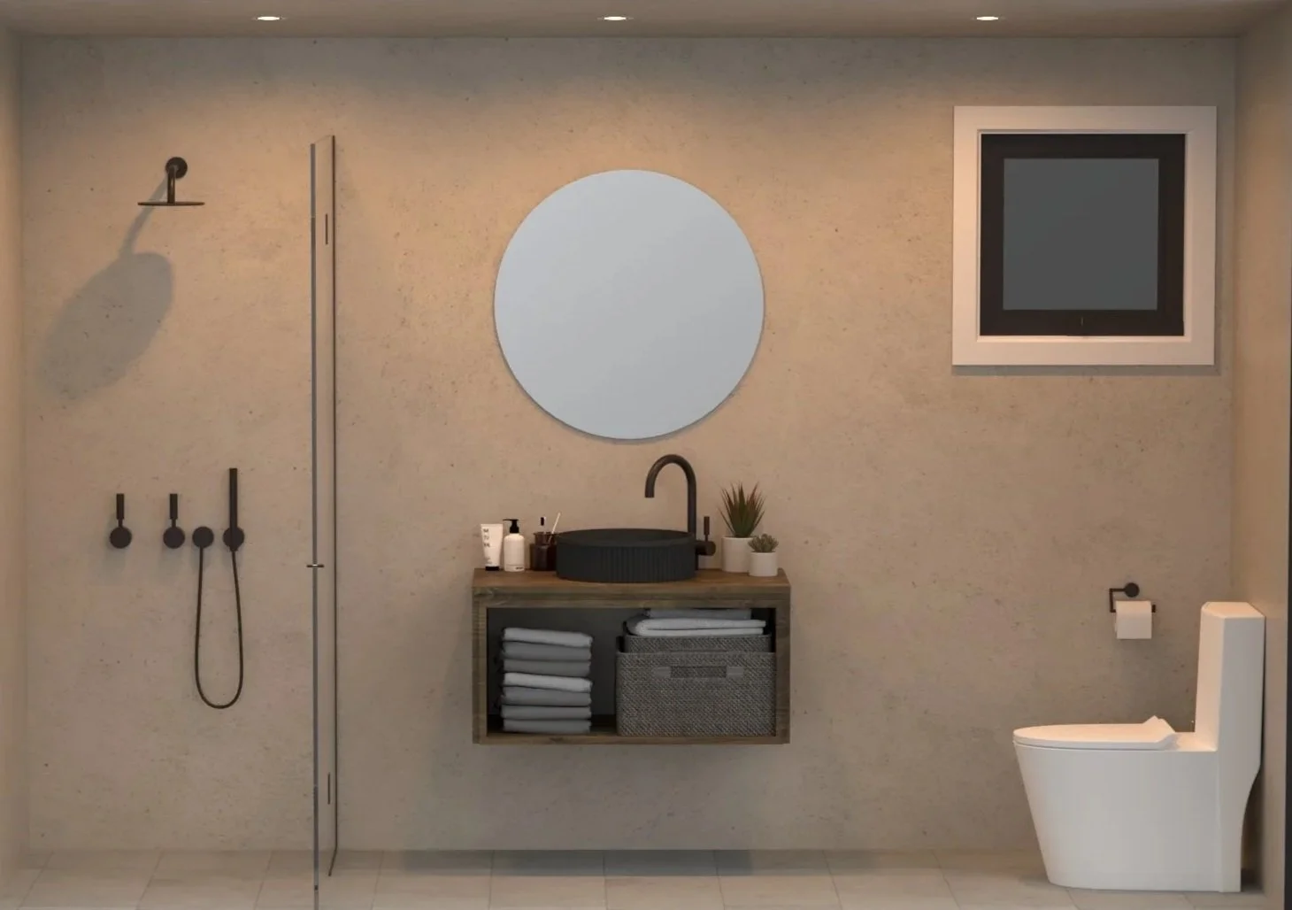 Modern bathroom with walk-in shower, round mirror, wooden vanity with black sink, potted plants, and toilet