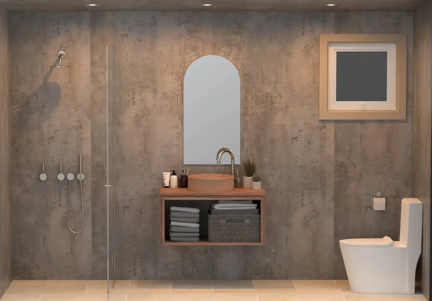 Modern bathroom with concrete walls, a walk-in shower on the left, a floating vanity with a round vessel sink and a mirror above, potted plants on the right, a wall-mounted toilet on the far right, and a framed window on the upper right.