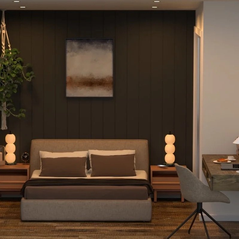 A modern bedroom modular home with a bed, two nightstands, and lamps, against a dark wood-paneled accent wall, with a hanging plant on the left.