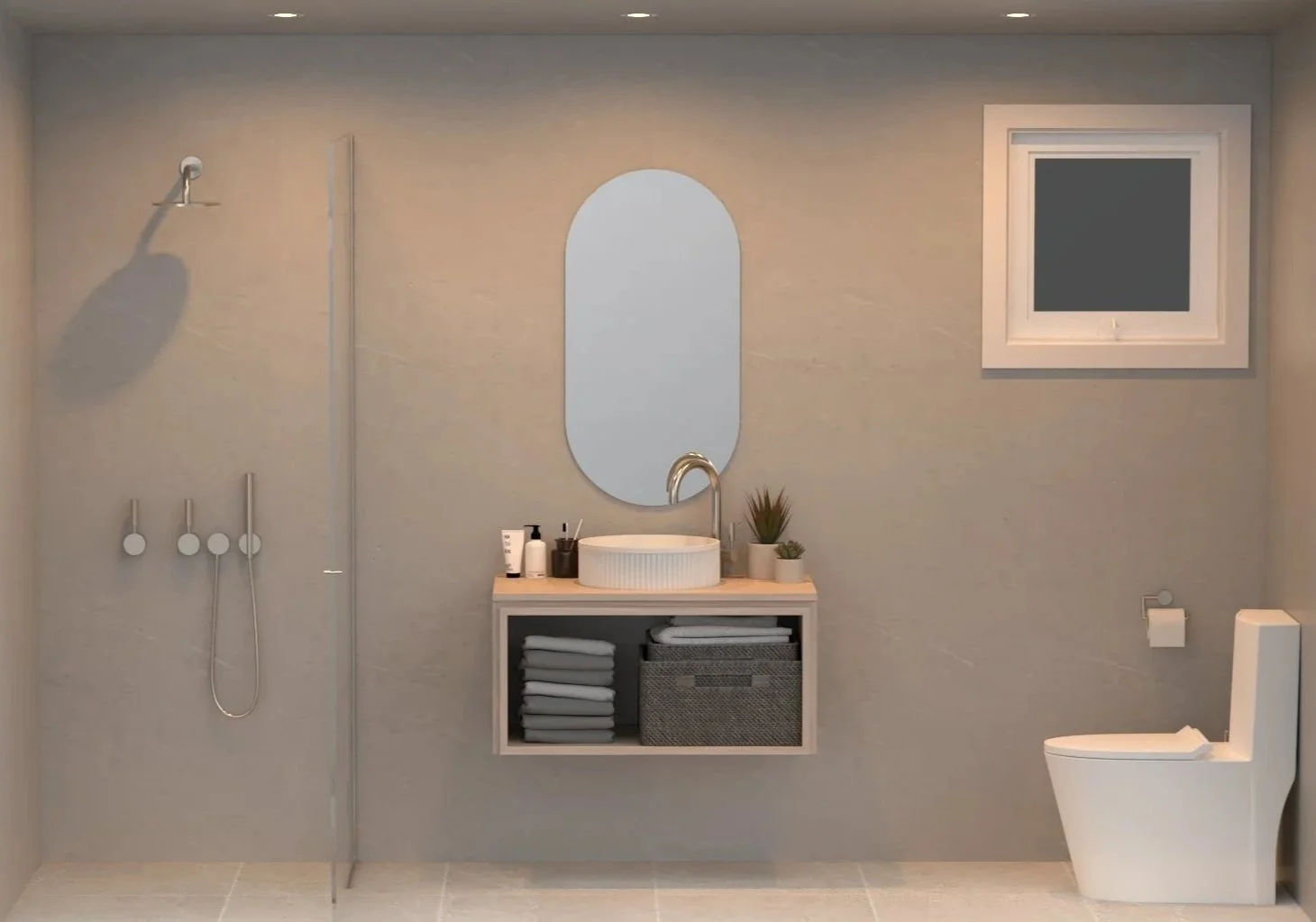 Minimalist bathroom with a walk-in shower on the left, a wooden vanity with a round vessel sink and mirror in the center, a small window on the right, and a modern toilet to the far right.