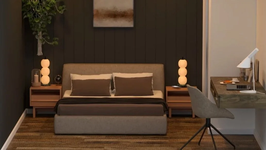 Modern bedroom with a beige bed, wooden nightstands, and matching lamps, dark accent wall, and a small wooden desk with a chair and lamp.
