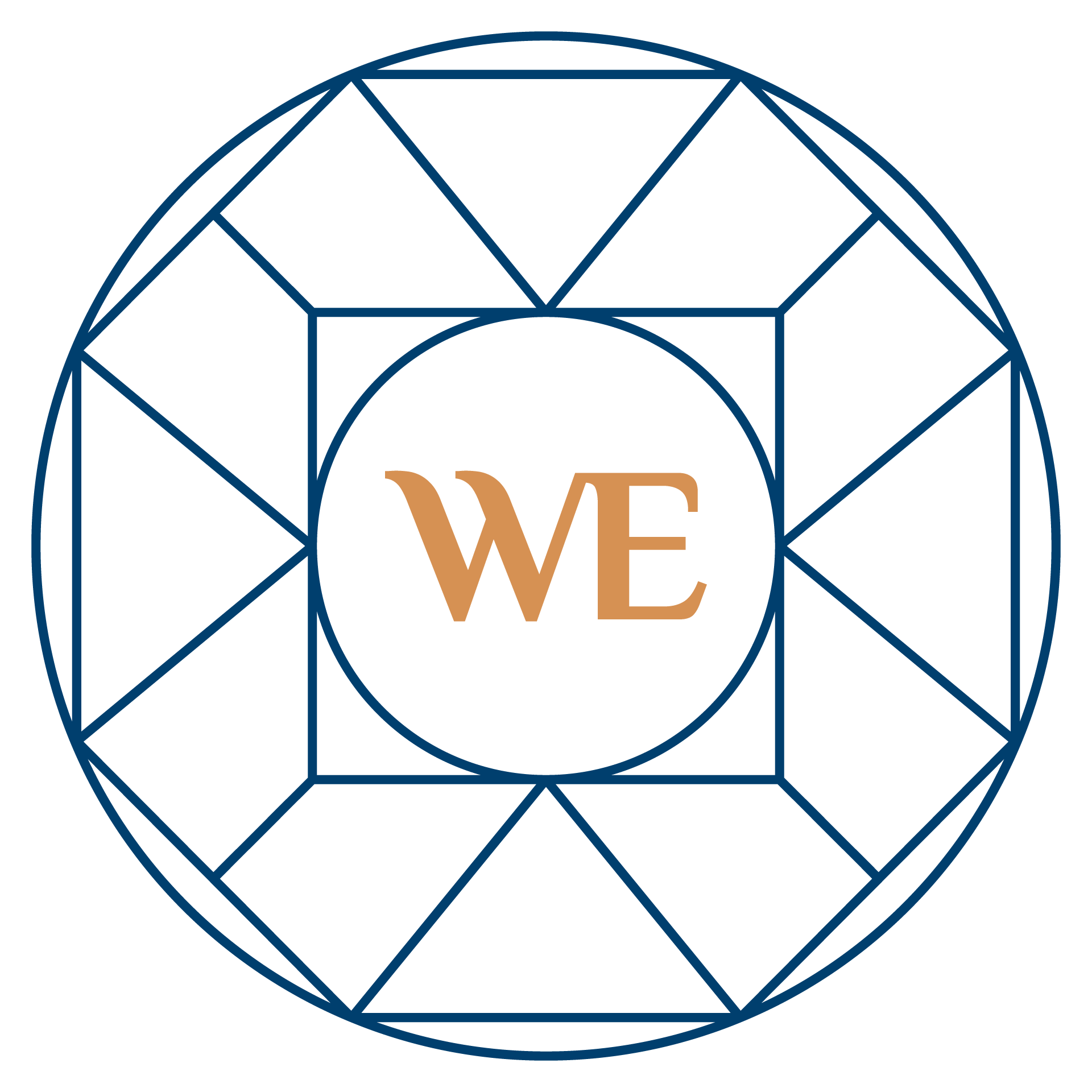 Grafik eines geometrischen Designs mit dem Wort "WE" in der Mitte.