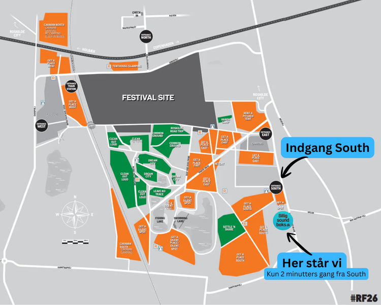Kort over pick-up ved Roskilde Festival indgang south
