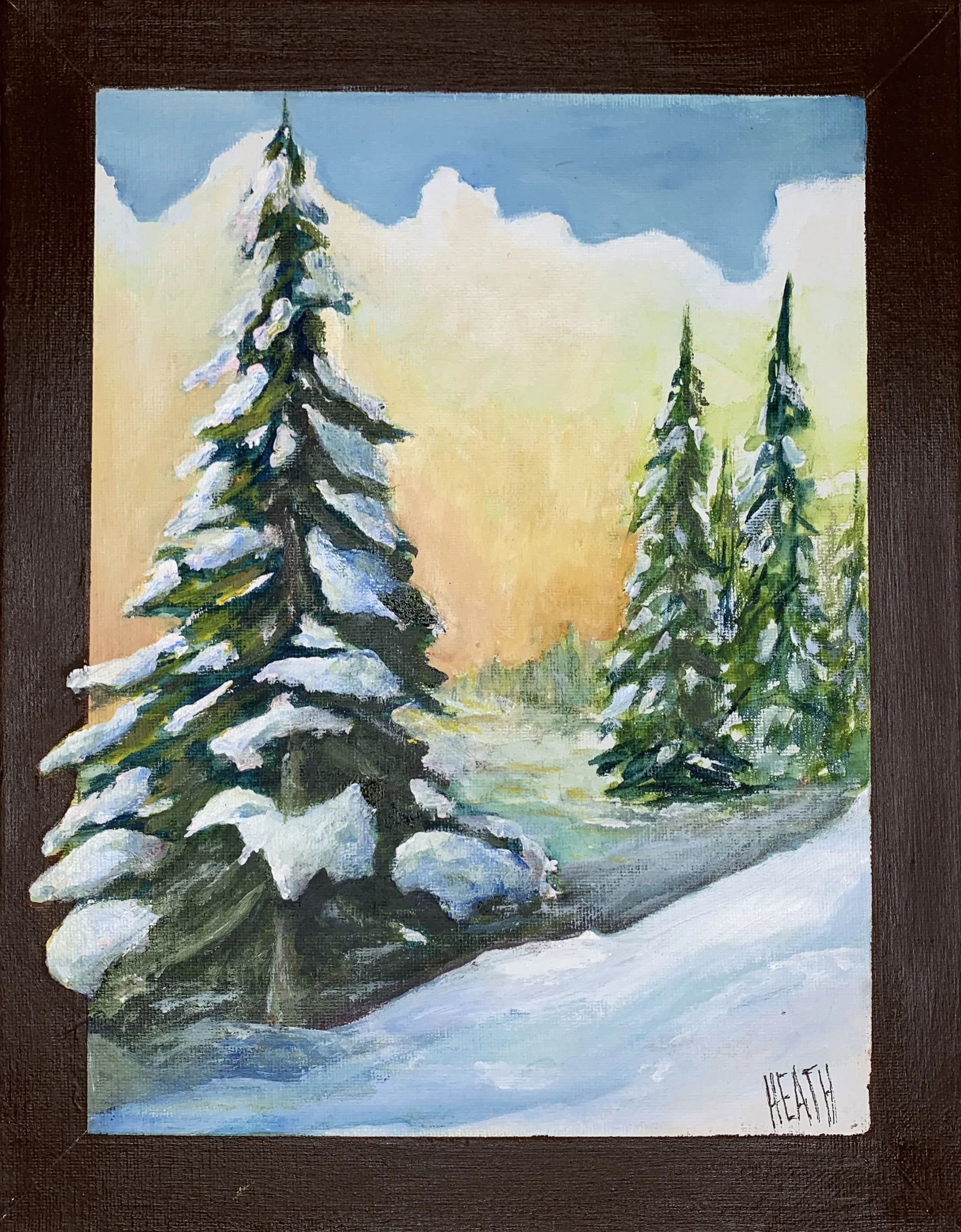 A painting of snow-covered evergreen trees by a river with a cloudy sky, signed 'HEATH' in the bottom right corner.