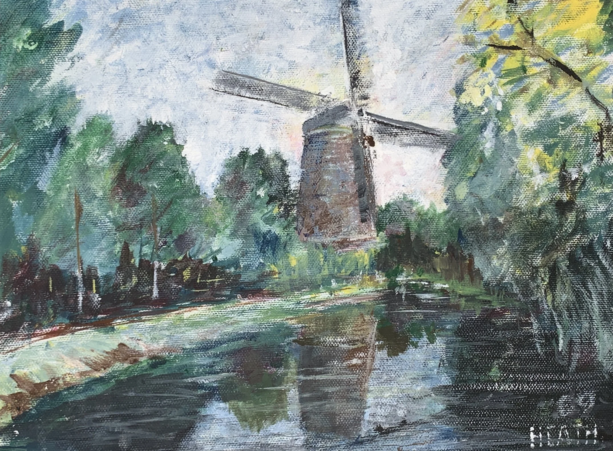 Oil painting of a classical windmill surrounded by trees, with a reflection in a body of water in the foreground.