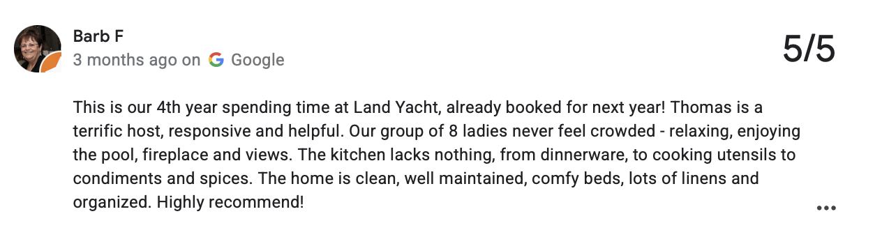 Review score 5 out of 5 with positive guest comment about a land yacht rental