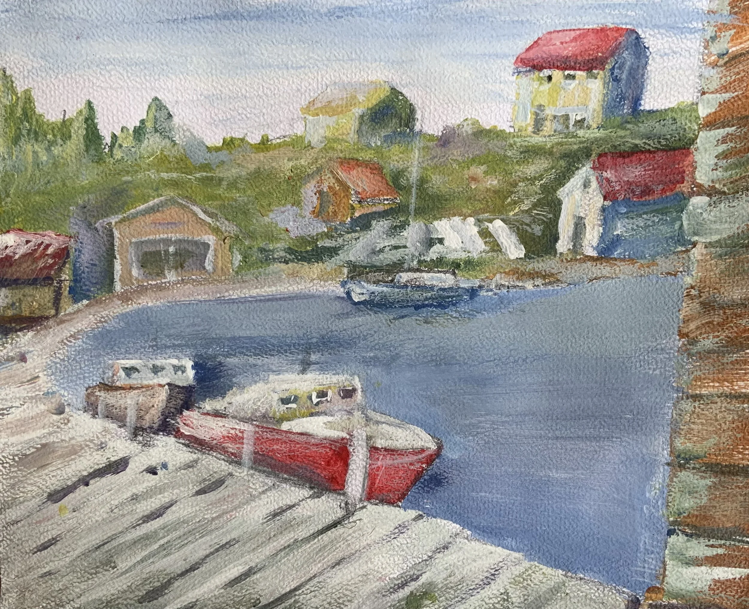 Watercolor landscape of a harbor with boats, colorful houses, and trees in the background.