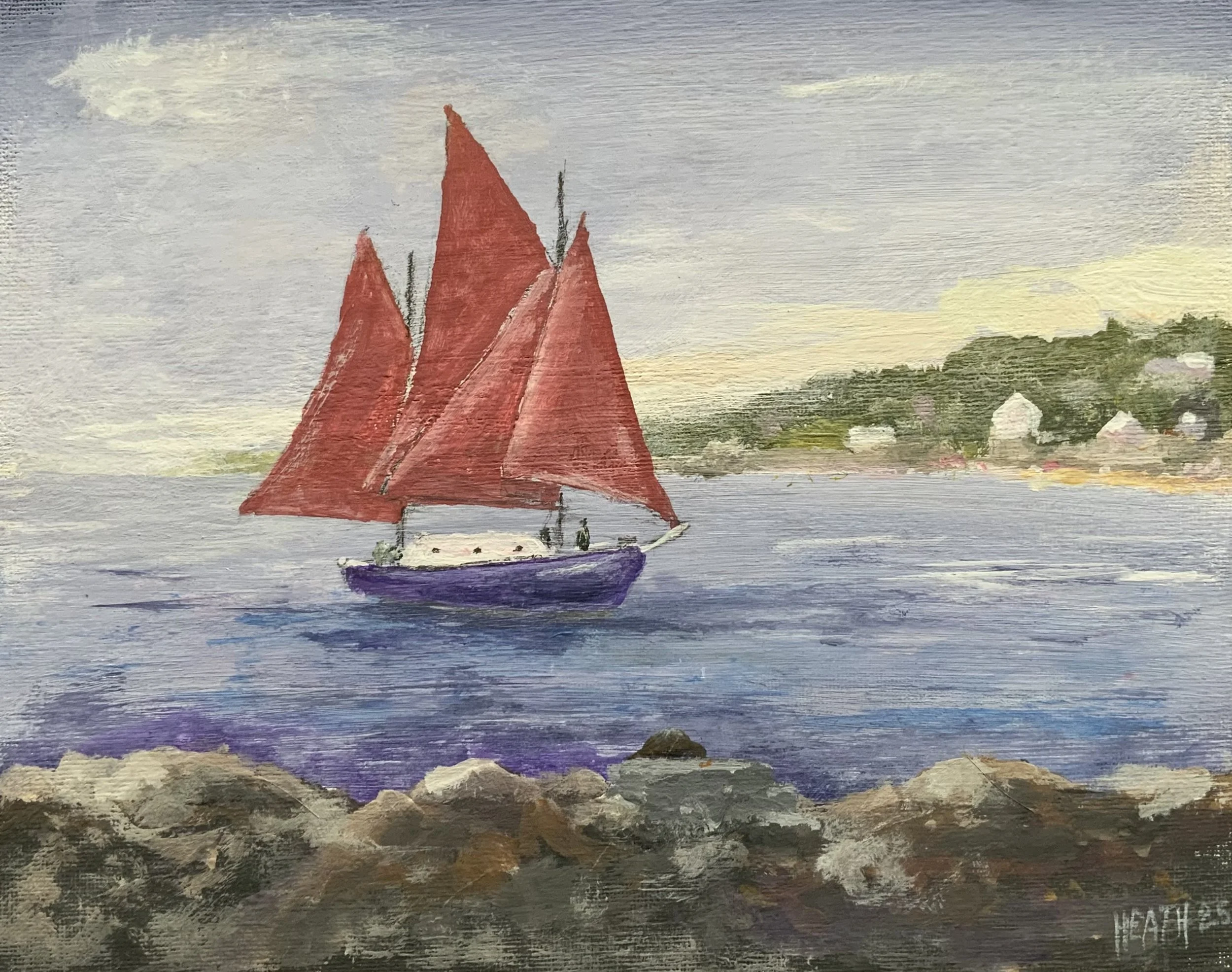 A watercolor painting of a sailboat with red sails on a calm body of water, with a rocky shore in the foreground and a distant shoreline with trees under a cloudy sky.