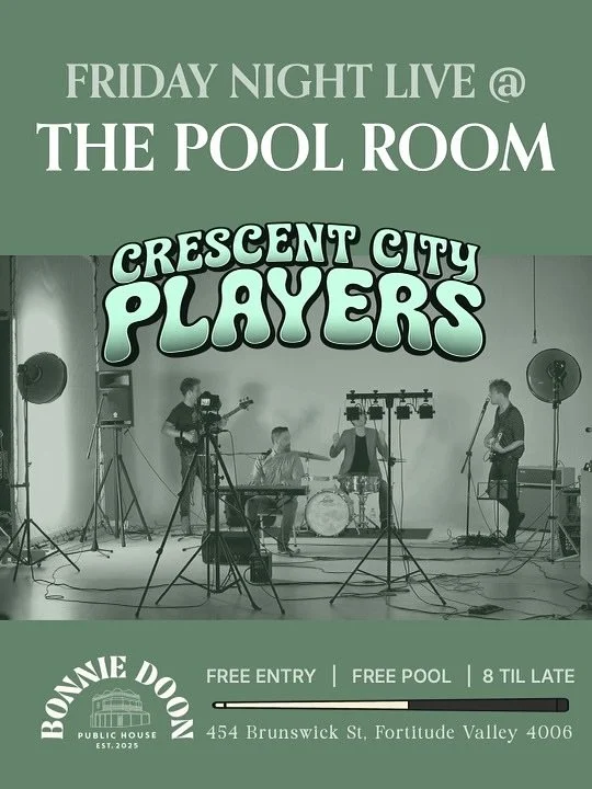 Your Friday night plans are sorted with live music and free pool upstairs at Bonnie Doon. Get in early for Golden Hour 🌞 and stick around to vibe the night away in the Pool Room with the sweet New Orleans-inspired sounds of the Crescent City Players