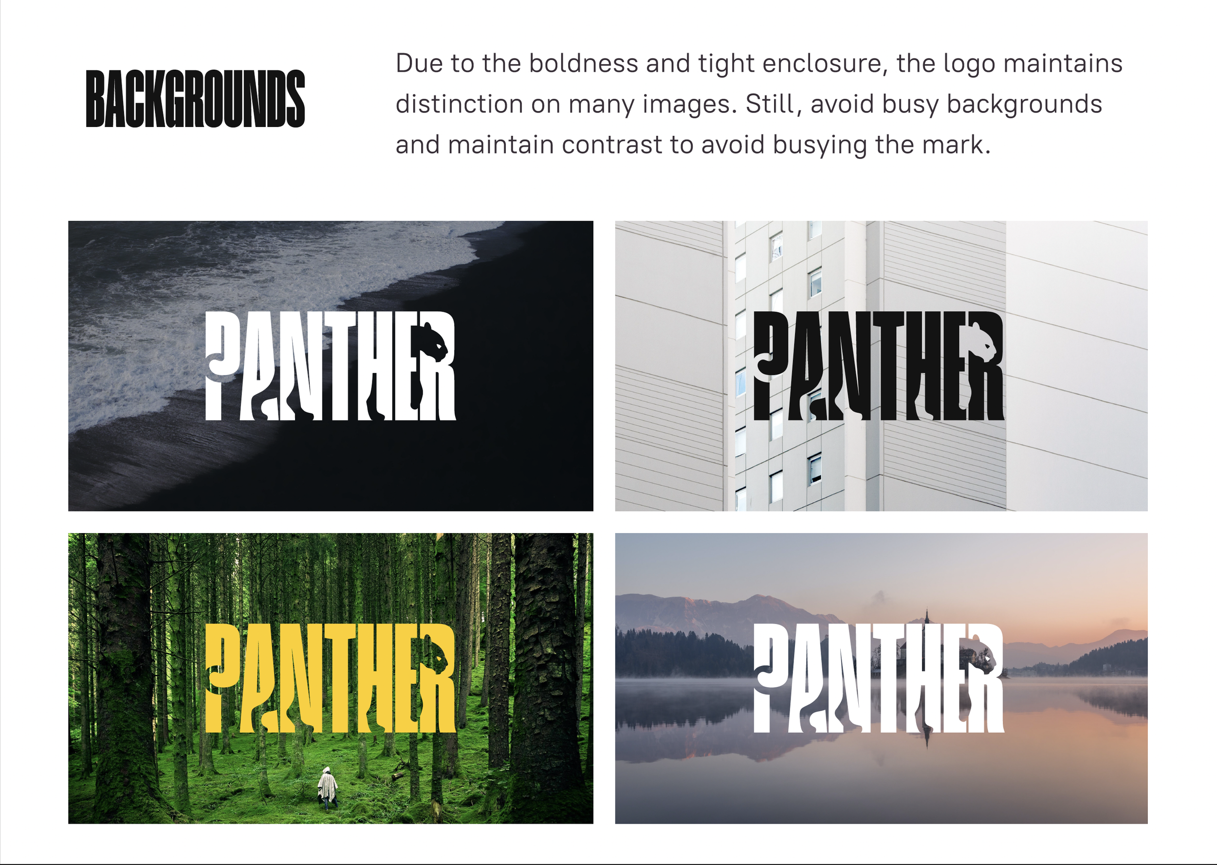 "Panther" logo examples on various backgrounds with text about avoiding busy designs. The logo appears on beach, building, forest, and lake backgrounds.