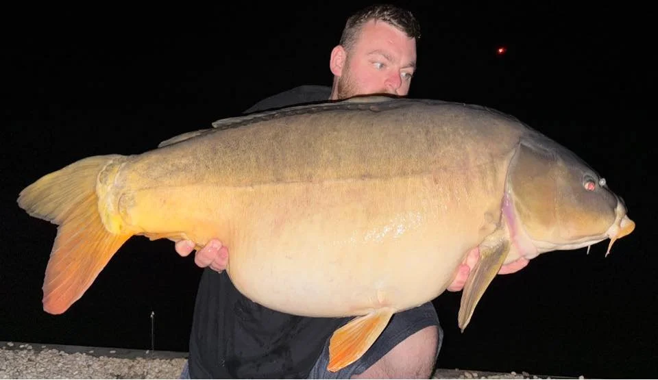 Man holding a large fish, likely a carp, at night. 