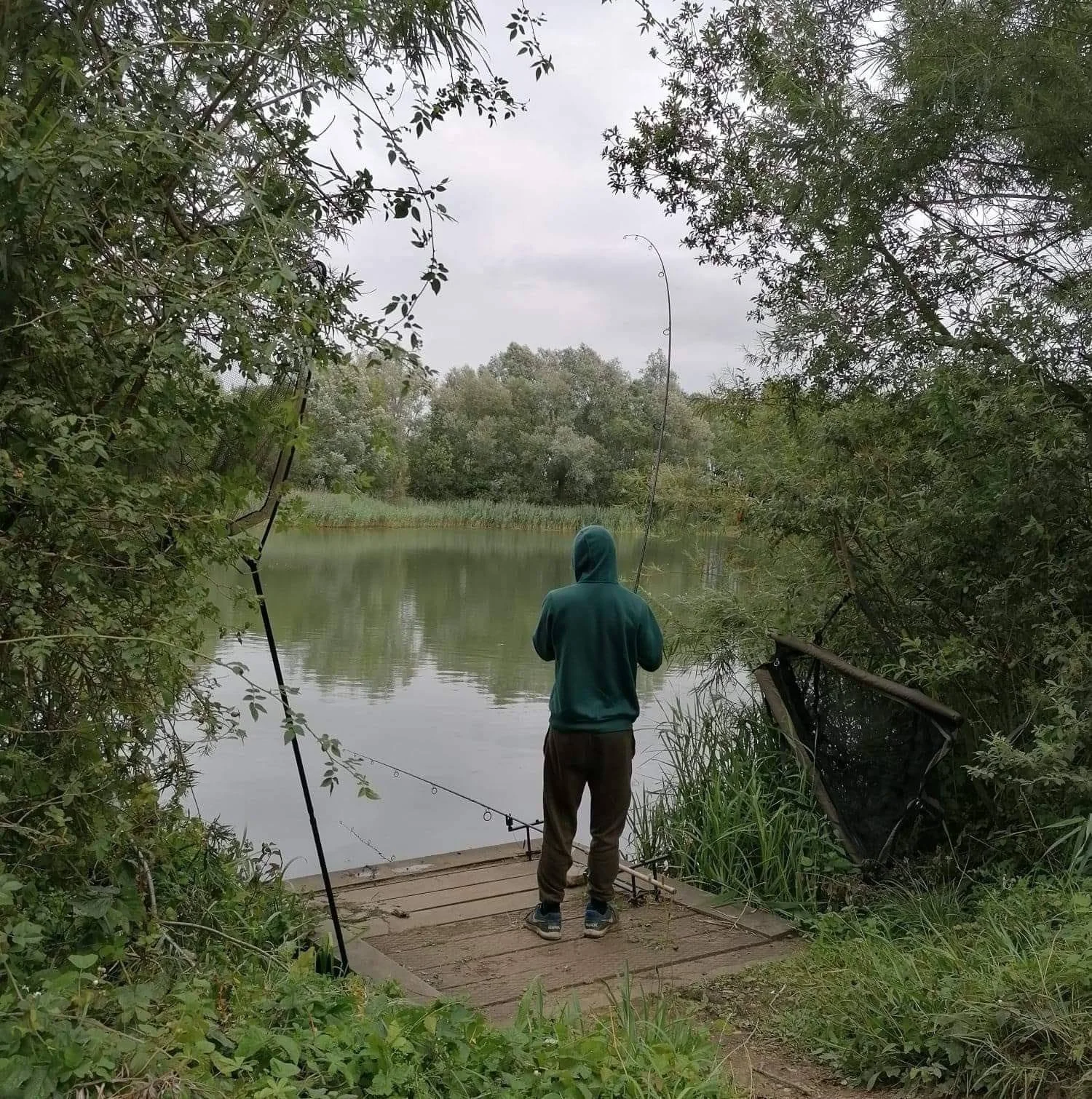 A person standing on a small wooden dock fishing in a calm lake, surrounded by trees and lush greenery on a cloudy day.