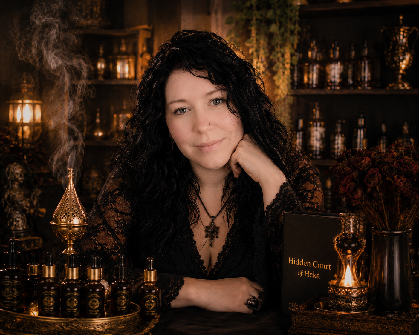 A woman with long black curly hair and a nose piercing leans on her hand at a desk filled with mystical objects. She wears a black lace top and a pentagram necklace. The background is filled with shelves of bottles and glowing lights, creating a mystical, witch-like atmosphere. The desk holds small bottles, a book titled "Hidden Court of Heka," and candles, with smoke rising from a censer.