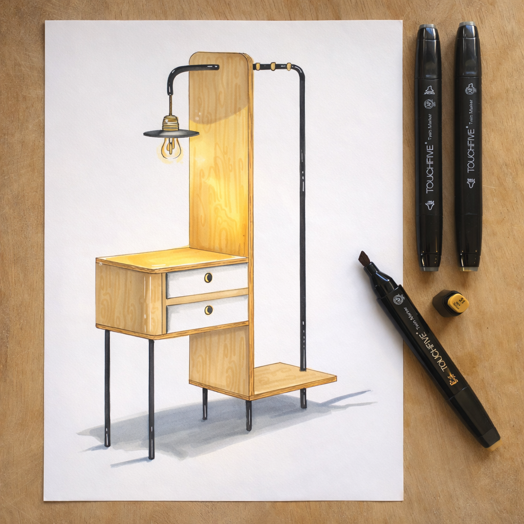 A hand-drawn illustration of a modern wooden and metal furniture piece with a lamp, drawers, and a clothing rail, on a white sheet of paper. Art tools nearby.