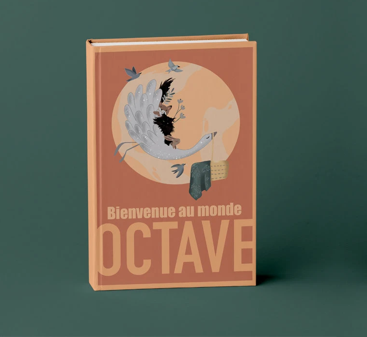 A hardcover book titled "Bienvenue au monde OCTAVE" with an illustration of a whimsical bird flying in front of a large moon, with birds and clouds around it, and a clothing item hanging from its beak.