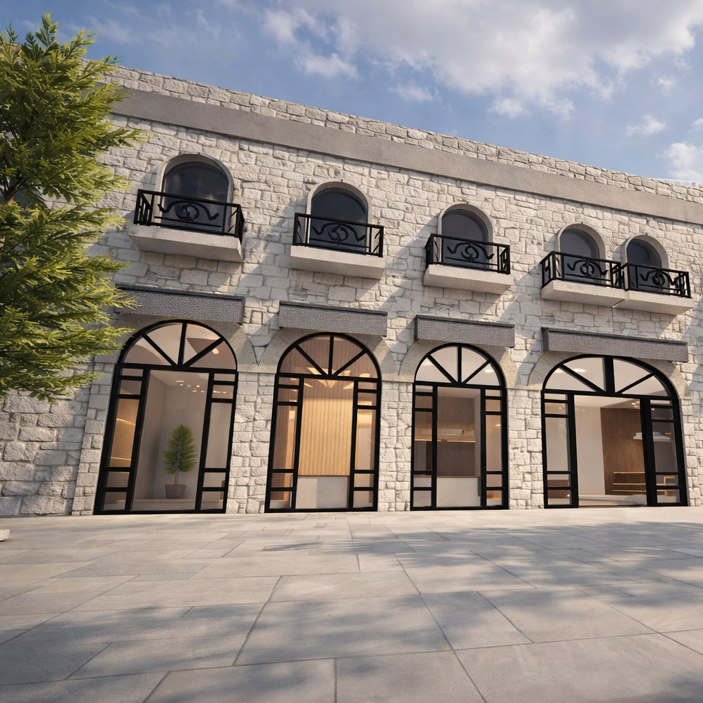 A two-story building with a stone facade, arched windows with black balconies on the upper level, and large glass doors with black frames on the lower level. Trees and a partly cloudy sky are visible in the background.