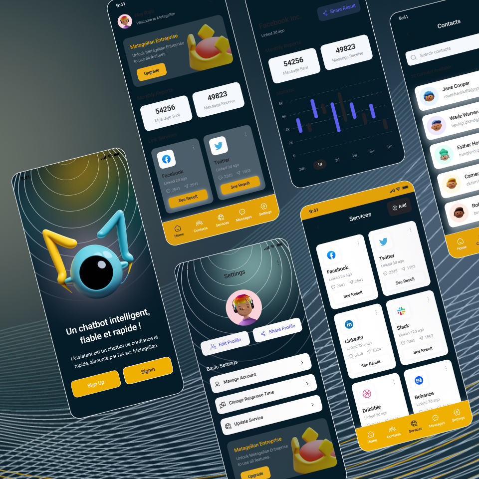 Multiple smartphone screens showing an app interface featuring chatbot service, account management, and social media integrations, with a cartoon eye mascot and a yellow upgrade button.