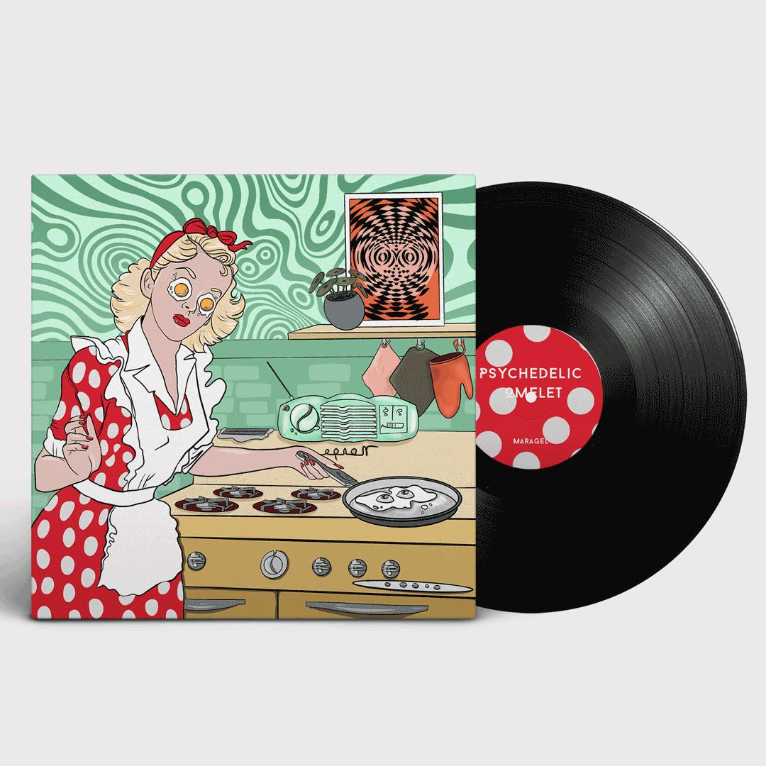 A vinyl record and album cover featuring an illustration of a woman in a polka dot dress cooking in a kitchen, with psychedelic artwork in the background.