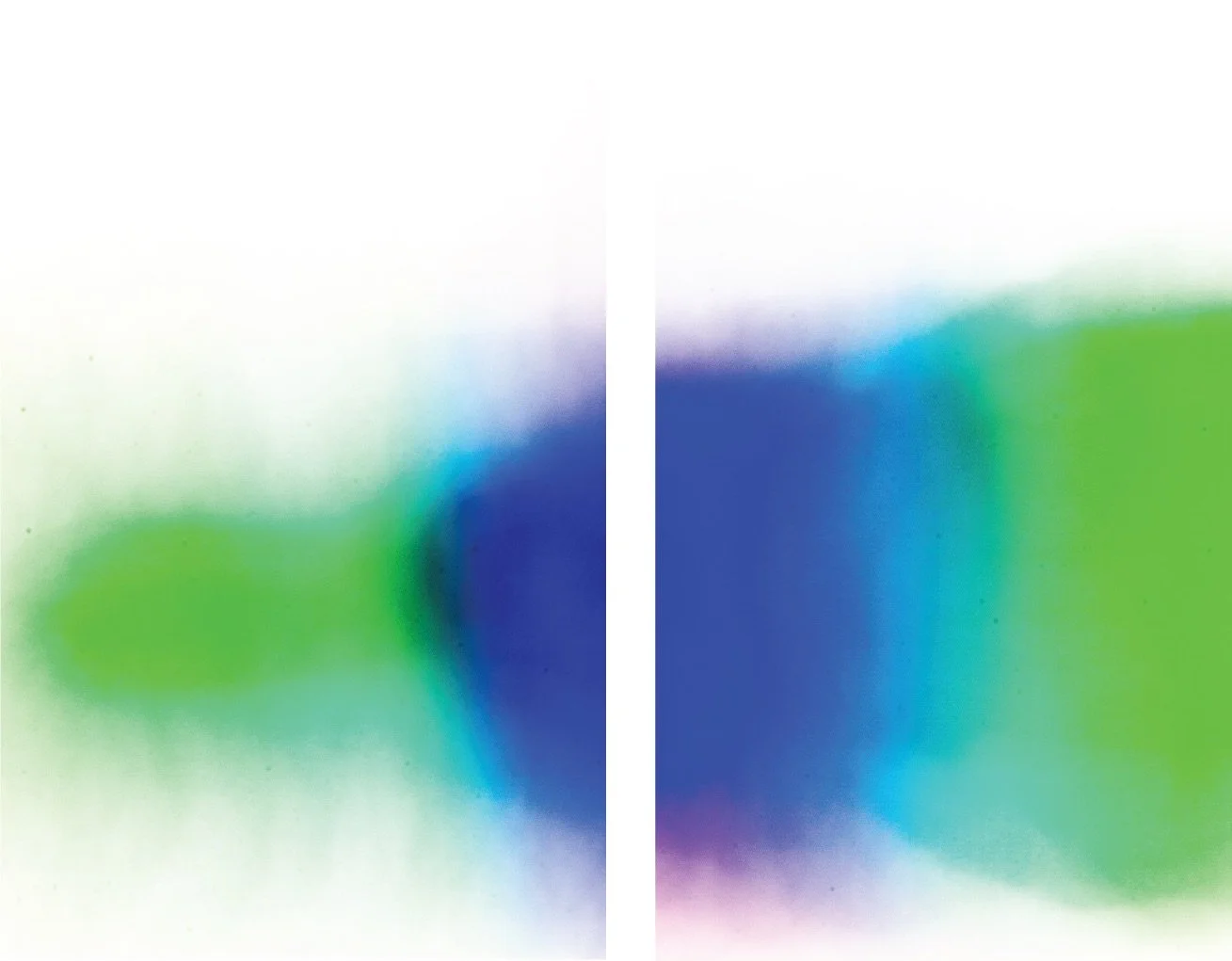 Blurred abstract image with green, blue, and purple gradients divided by a white vertical line.
