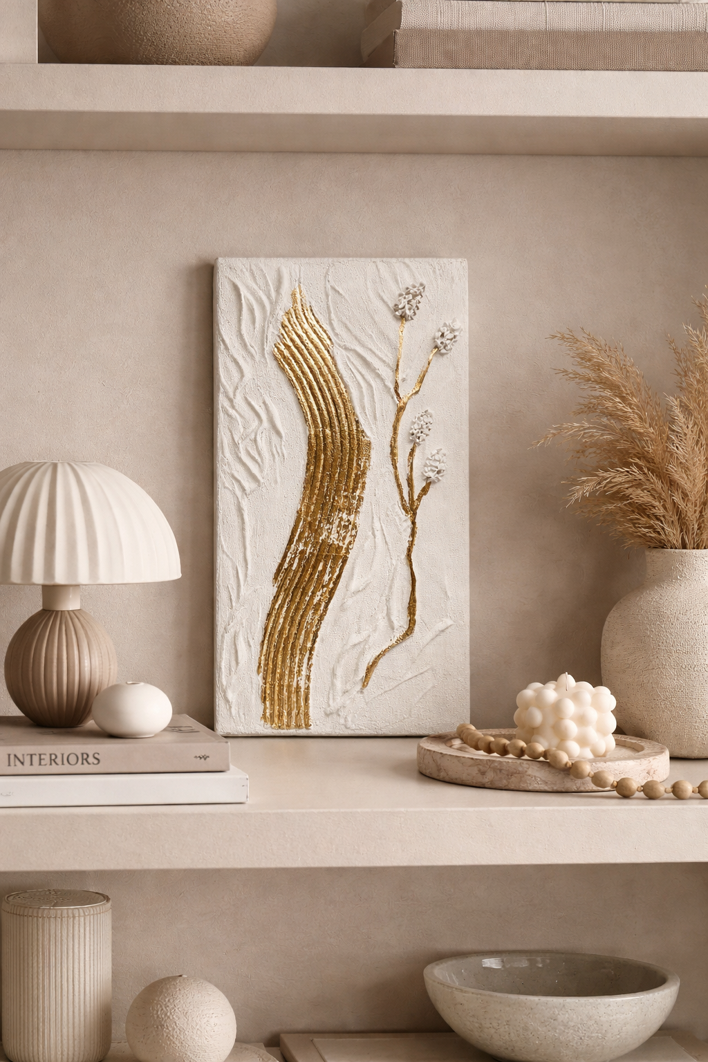 Relief blanc or - tableau d'art texturé minimaliste