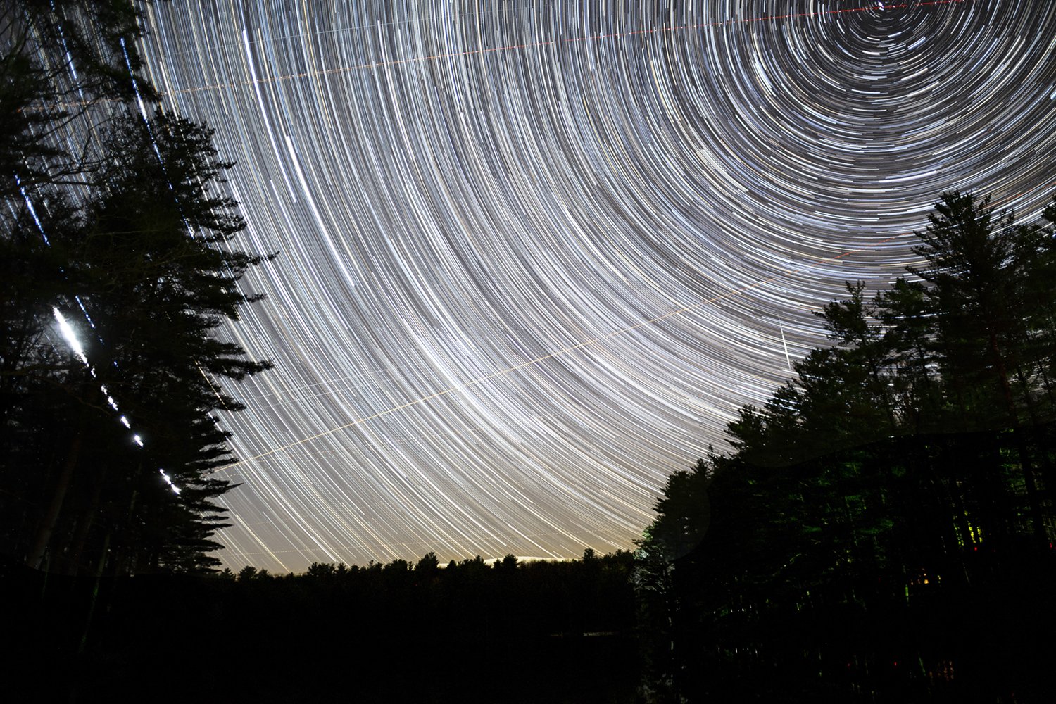 Long exposure photograph of star trails in the night sky over a forest, creating circular and curved streaks of light with silhouettes of tall trees in the foreground.