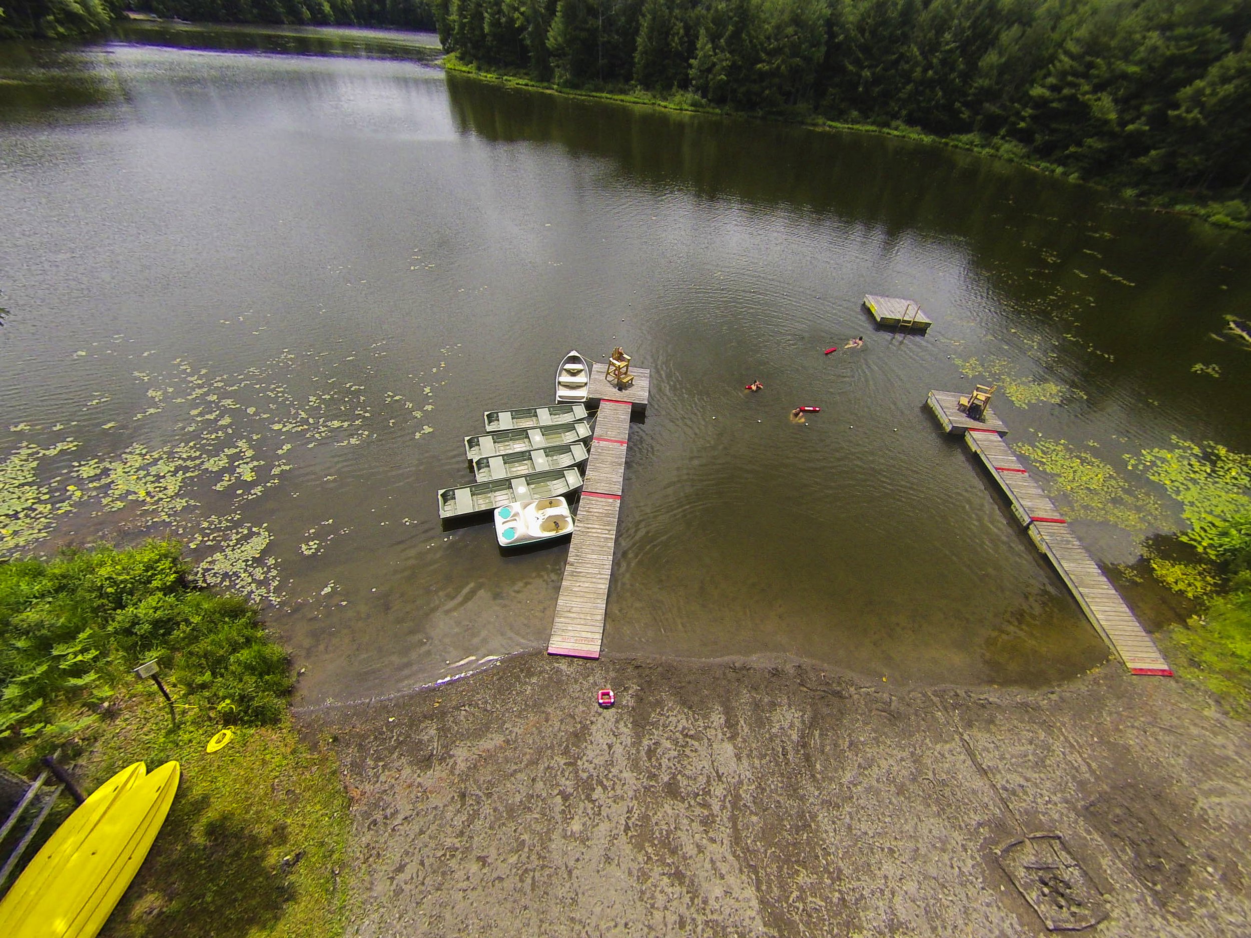 Aerial view of a lakeside with dock and several people swimming, surrounded by greenery.