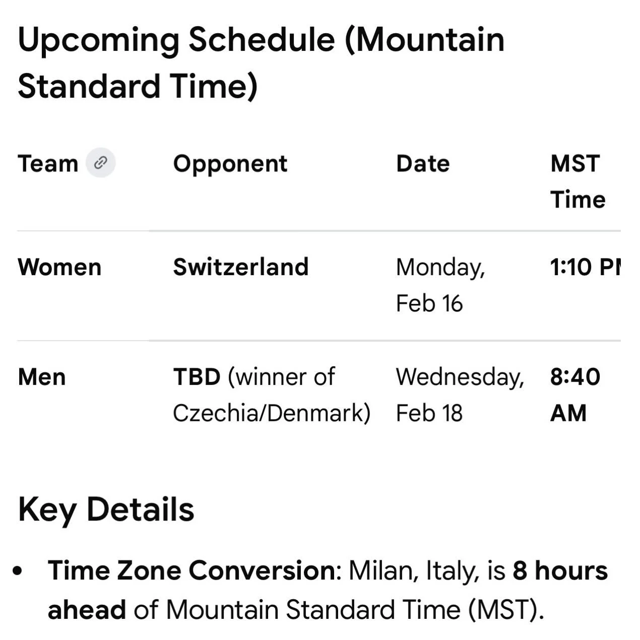 🇨🇦 If you&rsquo;re wondering when Team Canada plays hockey next here are the times in Mountain Standard Time. Share and share alike. Go Team Canada! 🇨🇦 @TeamCanada @Olympics