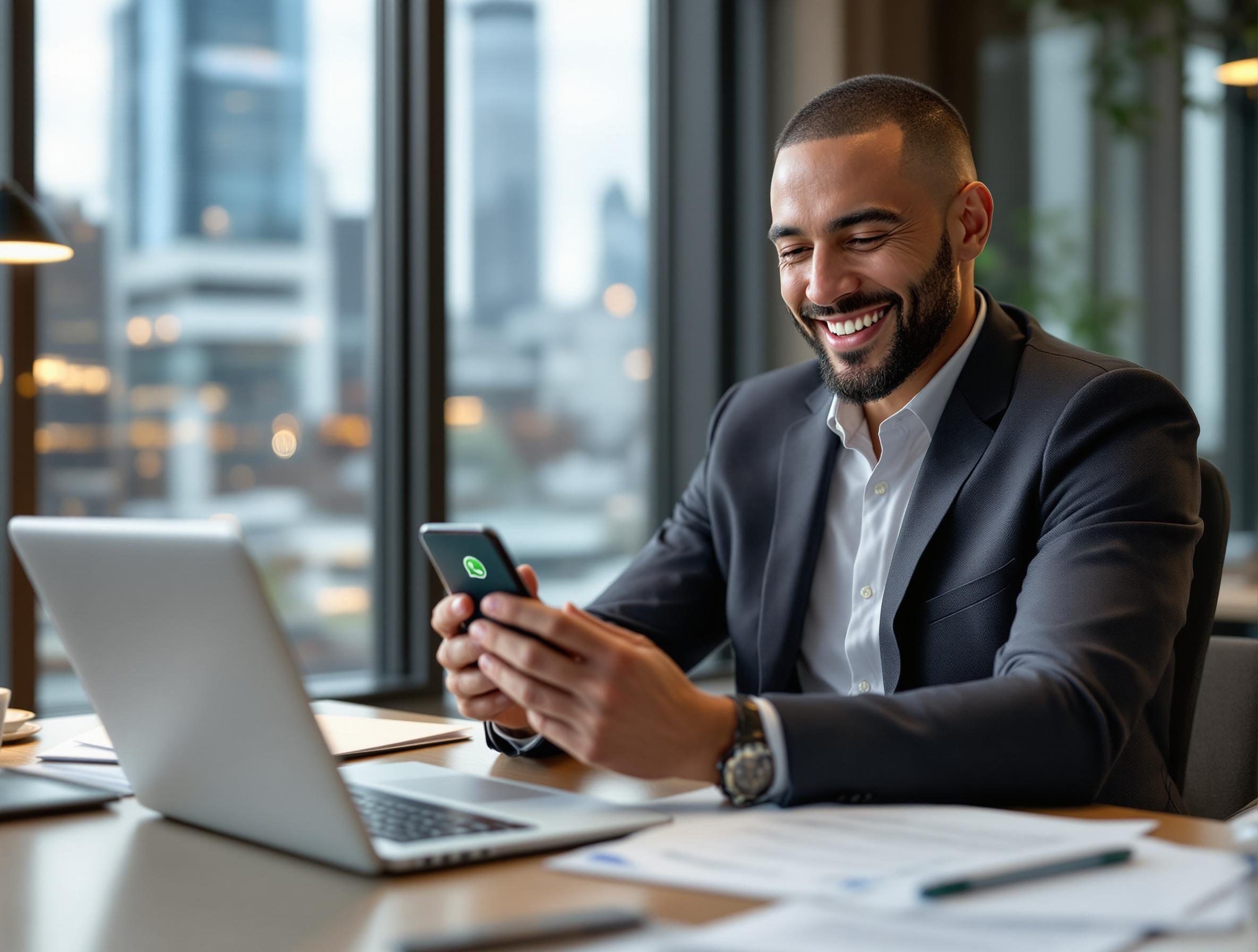 A man in a business suit sitting at a desk using a smartphone and a laptop in a modern office.