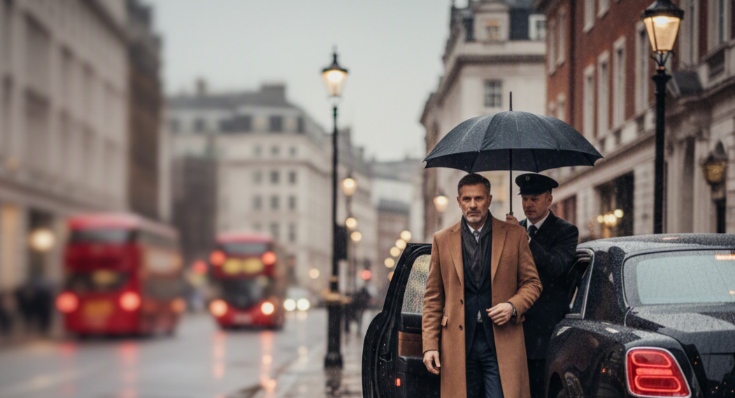 White British male executive arriving in London in the rain, premium editorial-style leadership image.