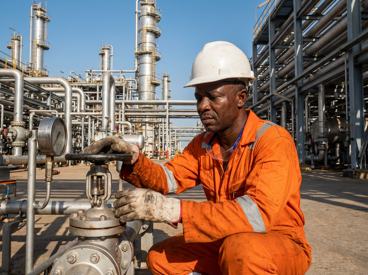 An industrial worker wearing orange coveralls, gloves, and a white safety helmet, working on a valve in an oil refinery or chemical plant with numerous pipes and industrial equipment.