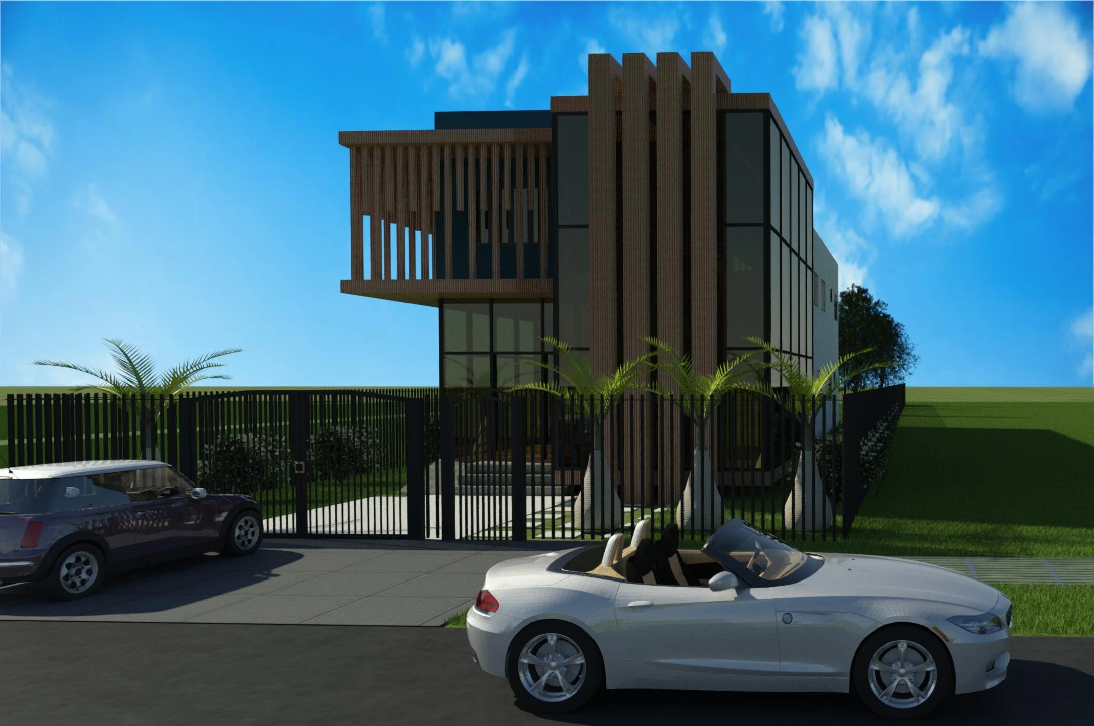 Modern multi-story house with large glass windows, a driveway with two parked cars, and a well-maintained lawn with palm trees.