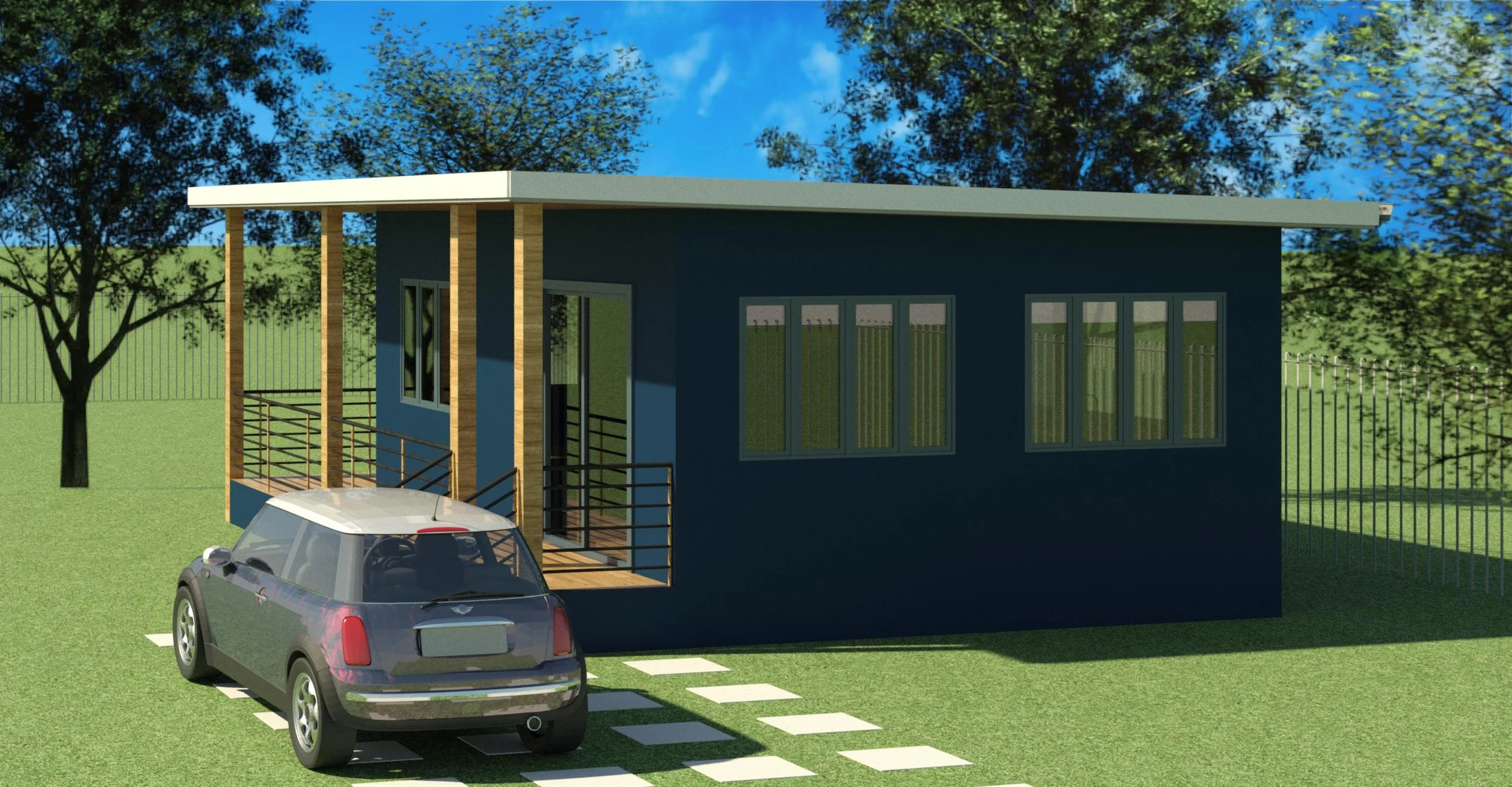 Modern single-story house with dark blue exterior, large windows, wooden accents, small porch, and a car parked in front on a lawn with trees and a metal fence