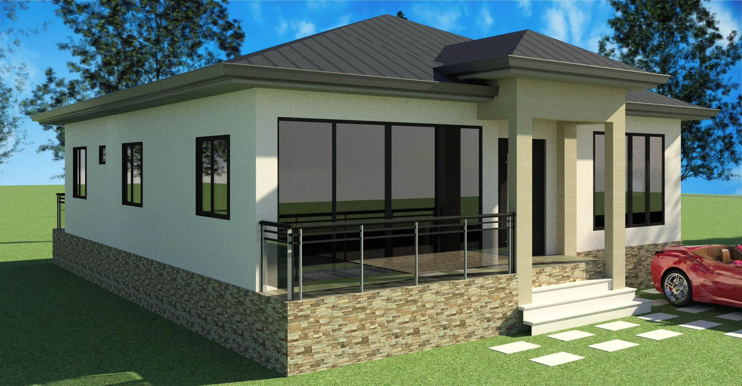 A modern single-story house with a white exterior, black window frames, and a stone foundation. It features a front porch with steps, a covered entrance, and a red sports car parked nearby. The house is set on a grassy lot with trees in the backgroun