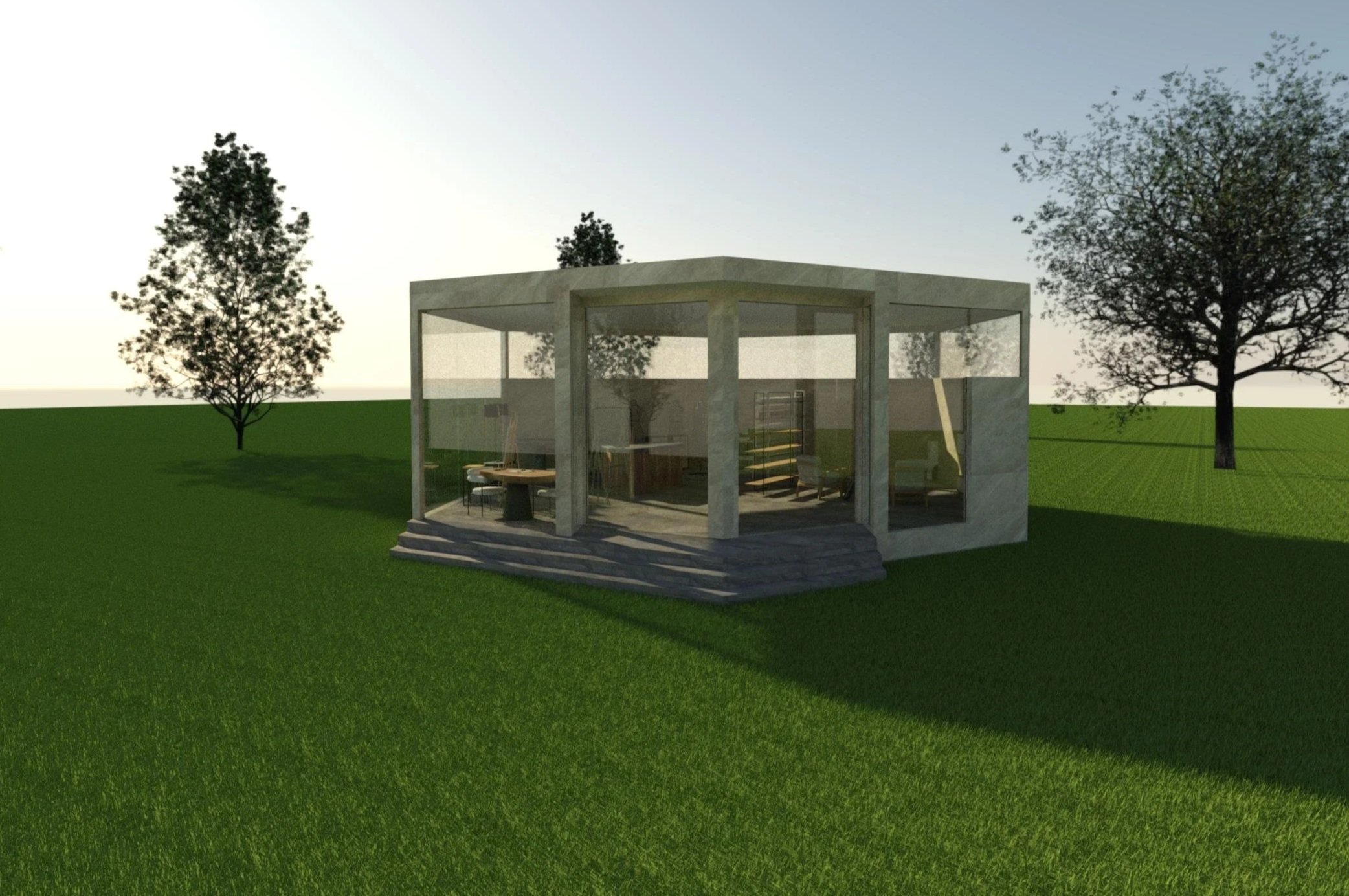 An architectural rendering of a modern glass house with concrete accents, situated on a grassy lawn with trees in the background.