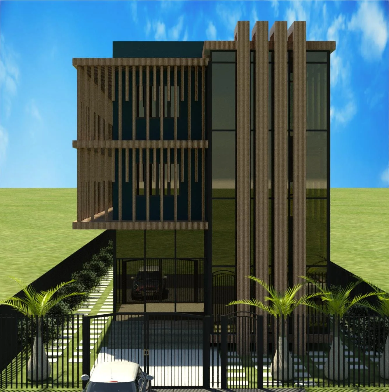 A modern multi-story house with wooden slats and large glass windows, surrounded by greenery, a black fence, and a gated entrance with parked cars visible at the front.