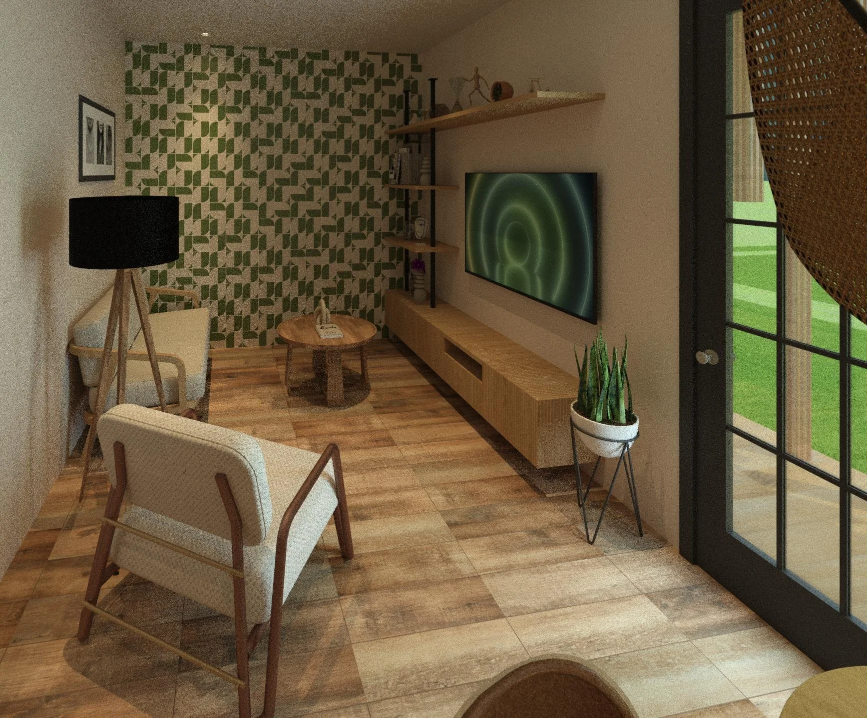 A cozy living room with a television mounted on the wall, a wooden media console, a small round coffee table, and armchairs. There is a green and beige patterned accent wall, a tall floor lamp with a black shade, and potted plants near sliding glass 