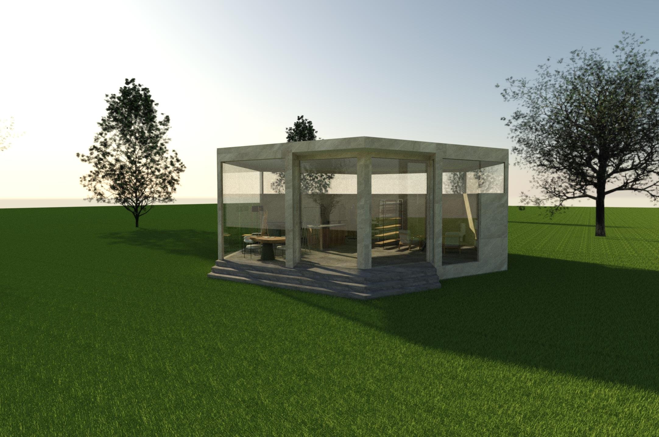 A modern glass house with stone steps, surrounded by green grassy land and trees, during daytime.