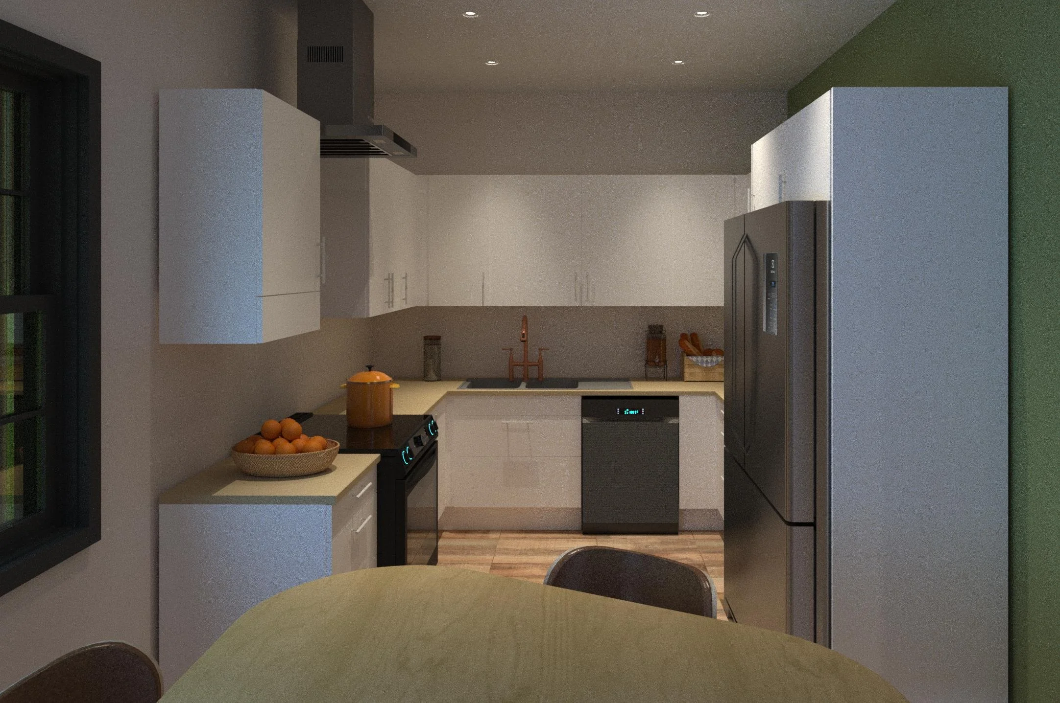 Modern kitchen with white cabinets, stainless steel appliances, and a wooden dining table in the foreground.
