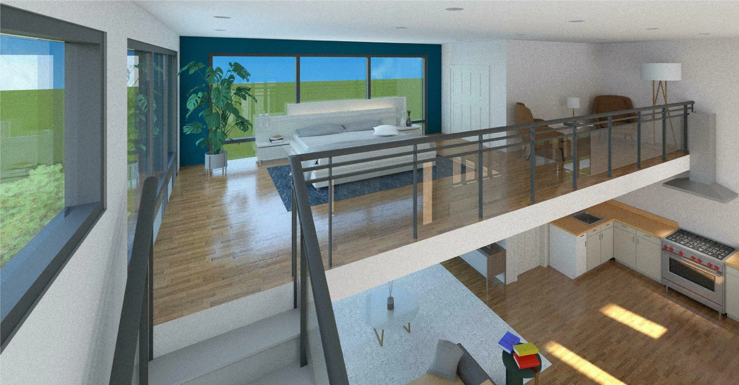 A spacious modern open-concept living area with a second-floor balcony. The living room has a white sofa, a large plant, and floor-to-ceiling windows that let in natural light. The kitchen below includes white cabinets, a stove, and wooden countertop