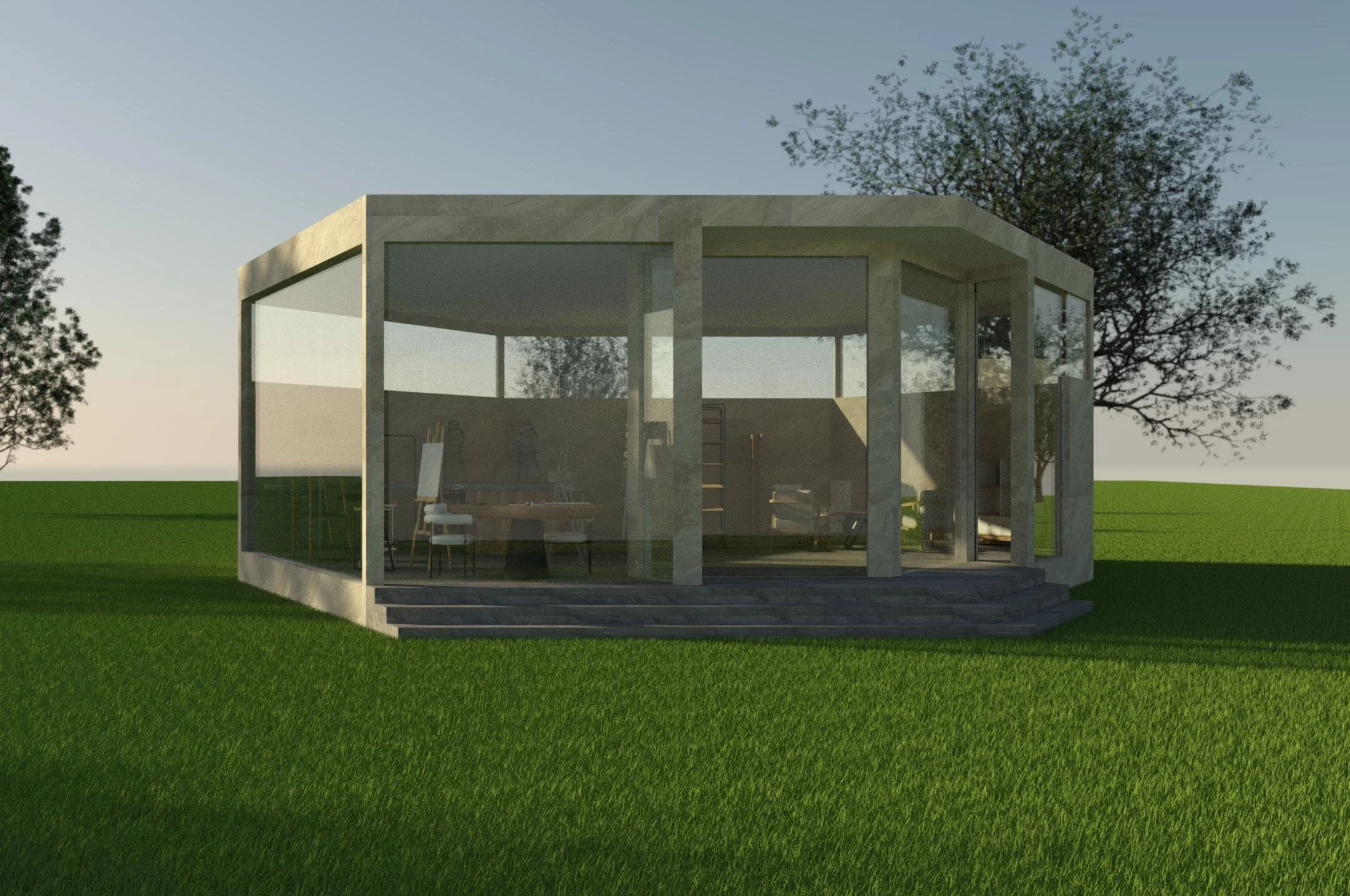 Modern round glass house with concrete trim on a grassy lawn, with trees in the background, during sunset.