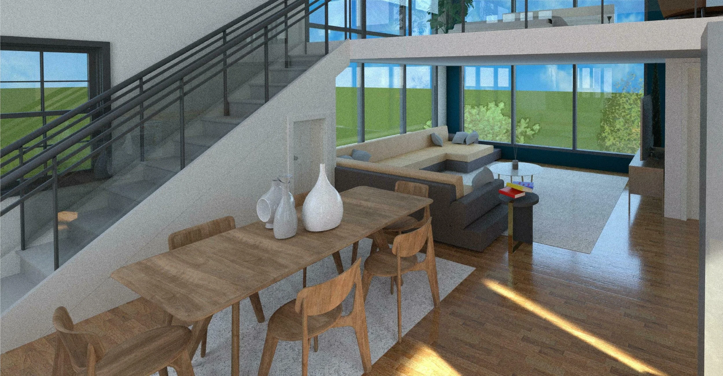 Interior of a modern living room and dining area with large windows showing a green outdoor landscape, wooden dining table with decorative vases, a sectional sofa with pillows, a coffee table, and a TV on the wall.