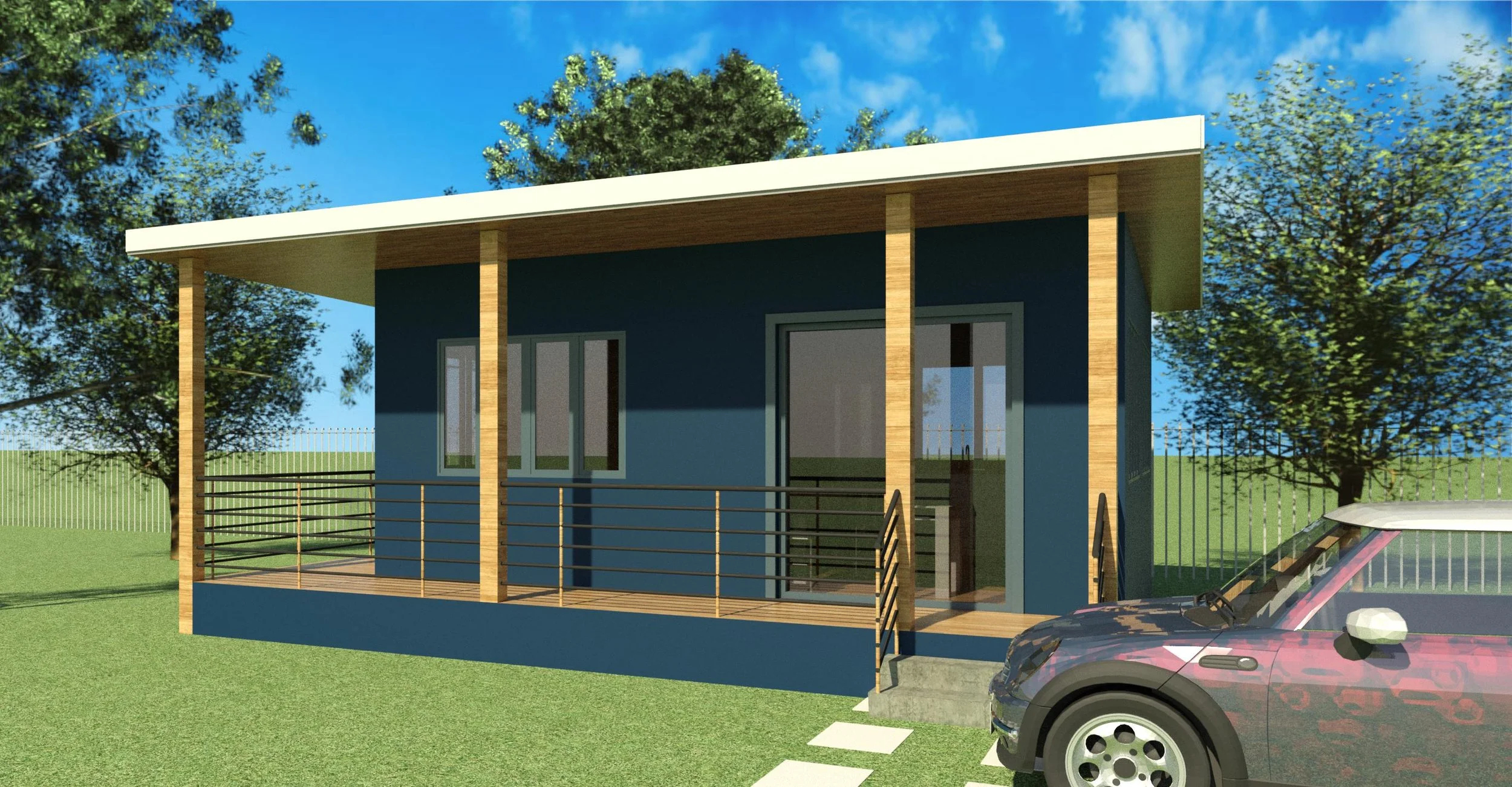 A modern small house with a blue exterior, wooden accents, a balcony with a black railing, and steps leading to the entrance. There is a red and black car parked in front on a grassy lawn, with trees and a blue sky in the background.