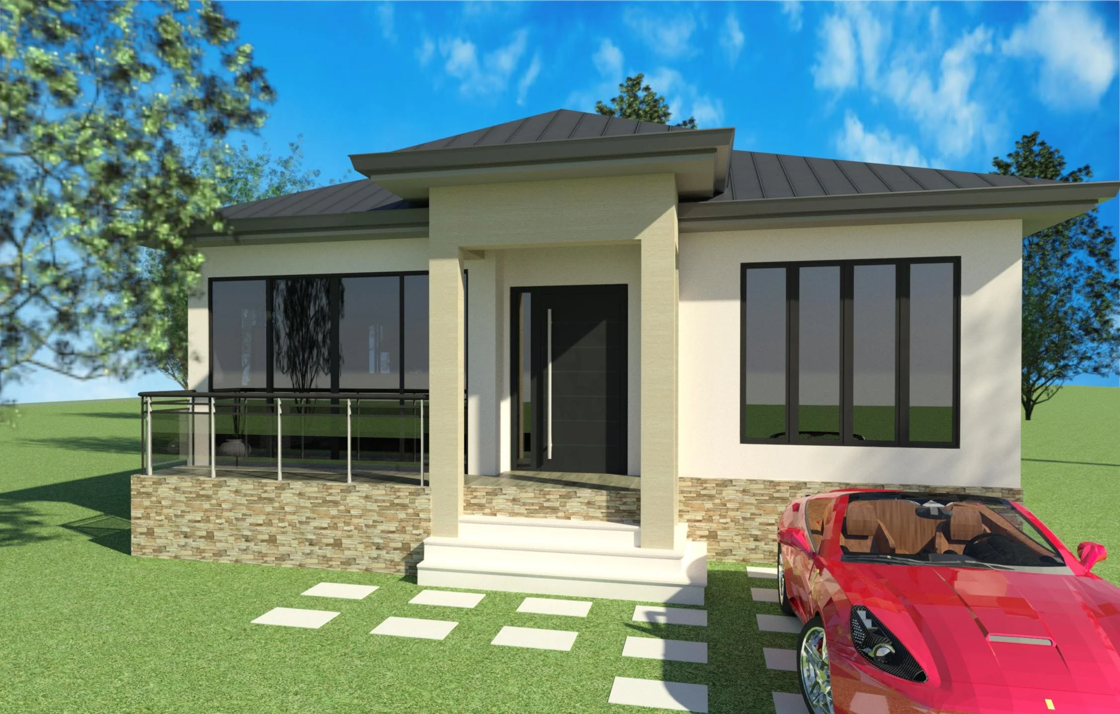 Front view of a modern house with a brick and stucco exterior, large glass windows, a small front porch, and a red sports car parked on the driveway.