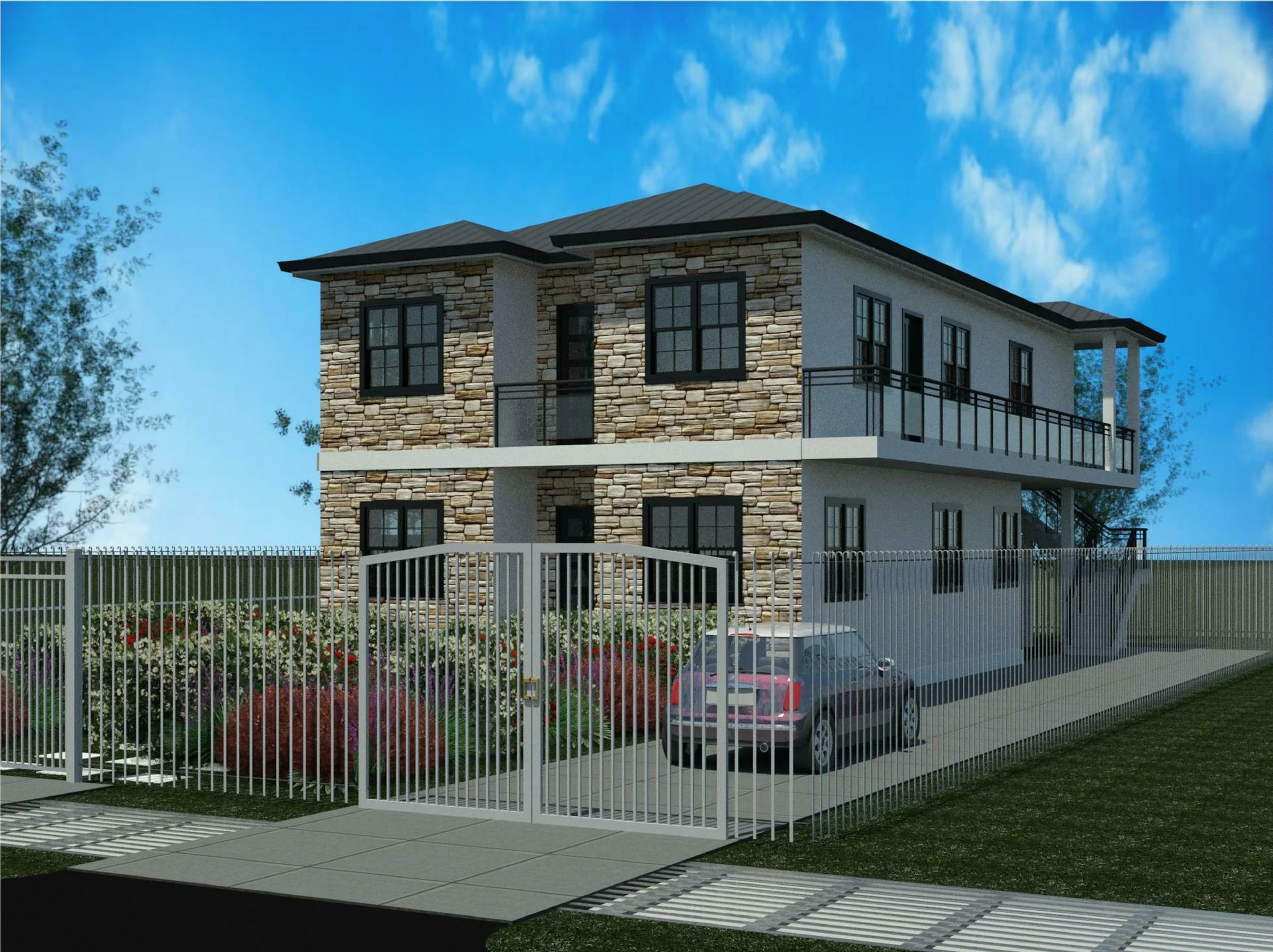 A three-story residential building with a stone facade, metal railing balconies, and black framed windows, surrounded by a white metal fence with a gated entrance, a parked car in front, and a landscaped garden with flowering plants under a blue sky.