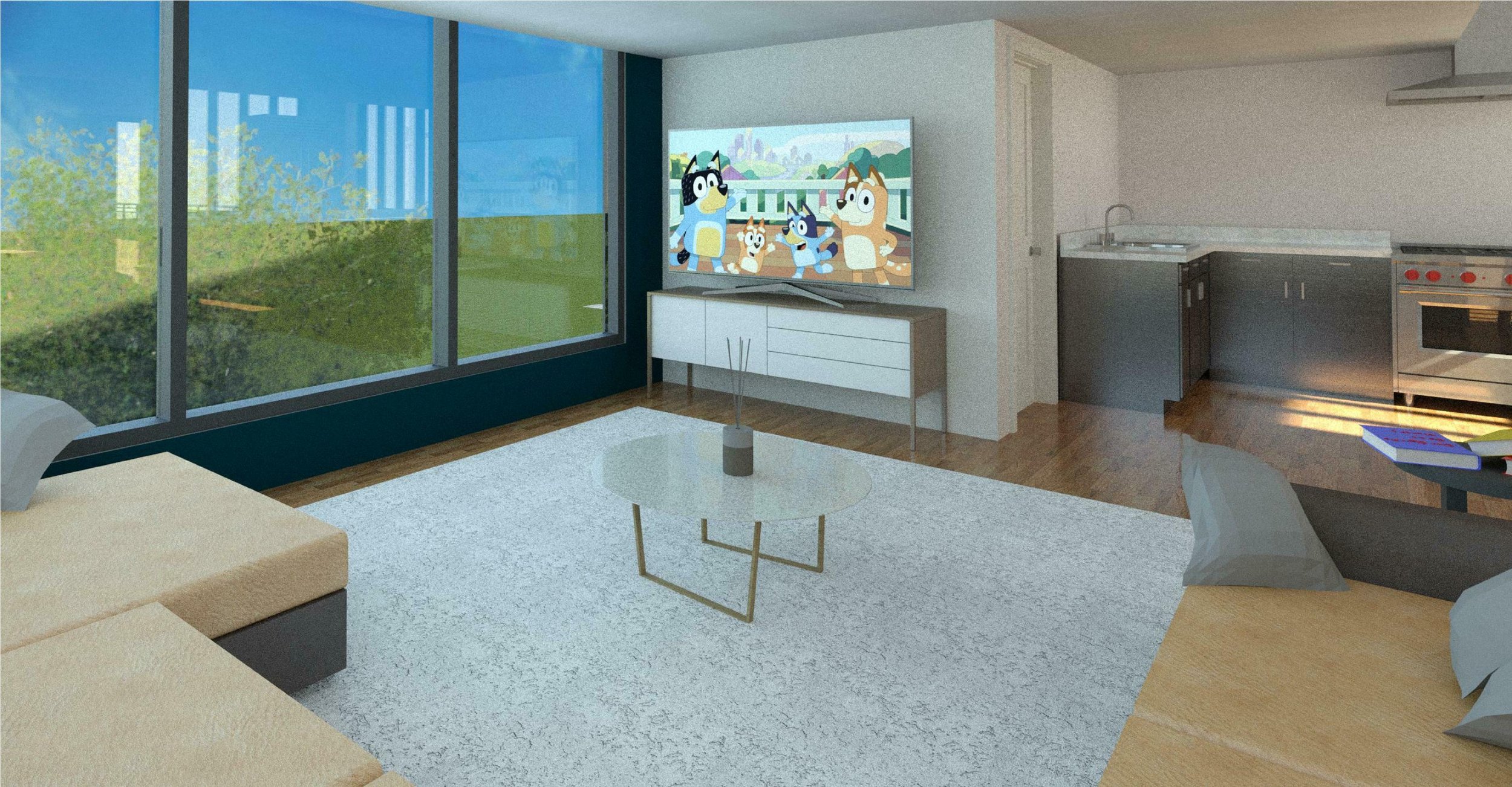 Modern living room with large window, TV showing animated cats, beige sofa, and glass coffee table.