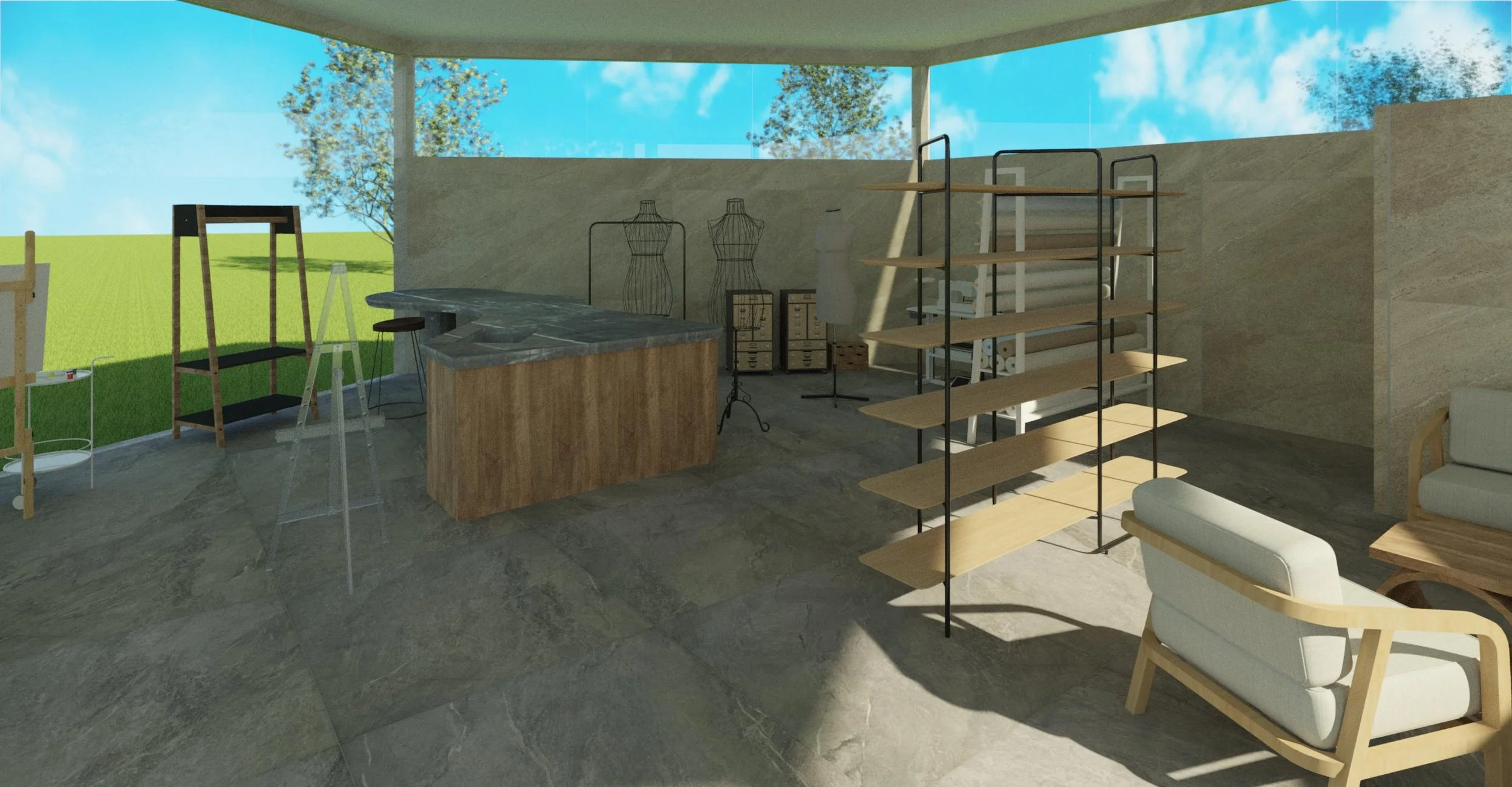 Interior space with large windows showing green landscape, featuring empty bookshelves, a seating area with armchair and sofa, a wooden table, and display mannequins.