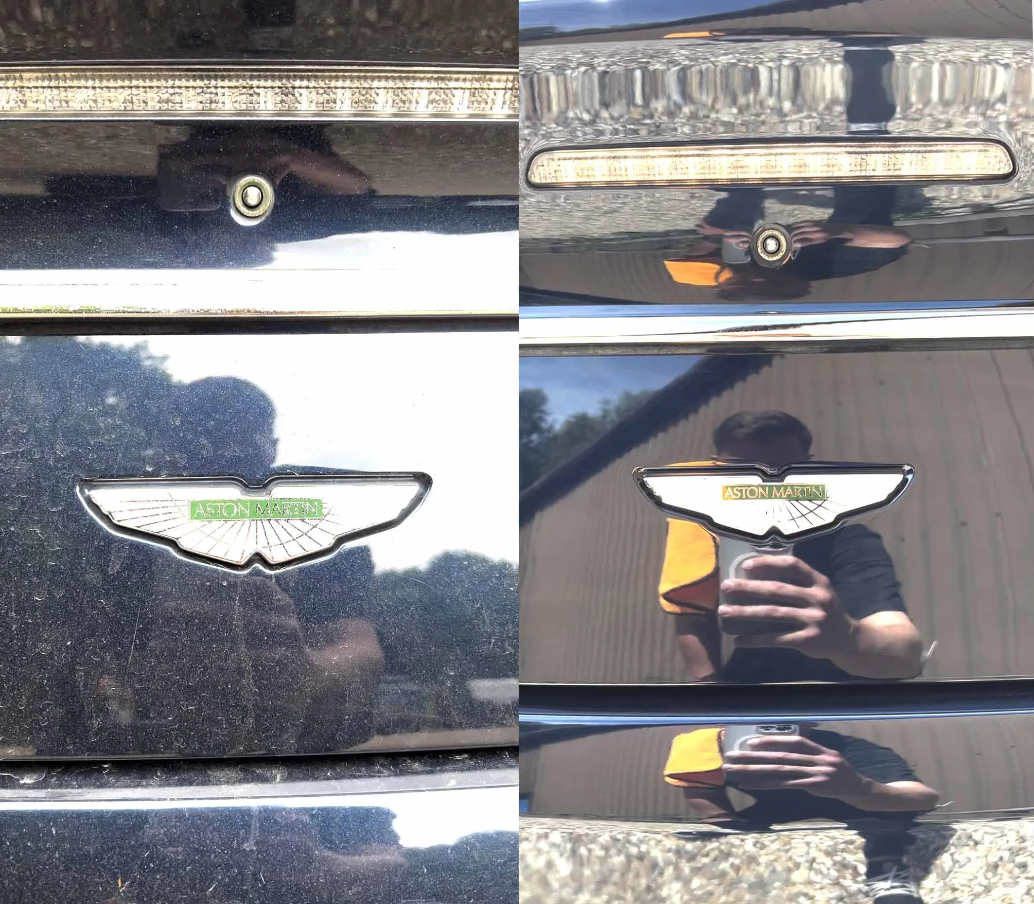Comparison of Aston Martin car badges after a full detail valet by Oxford Car Detailing.