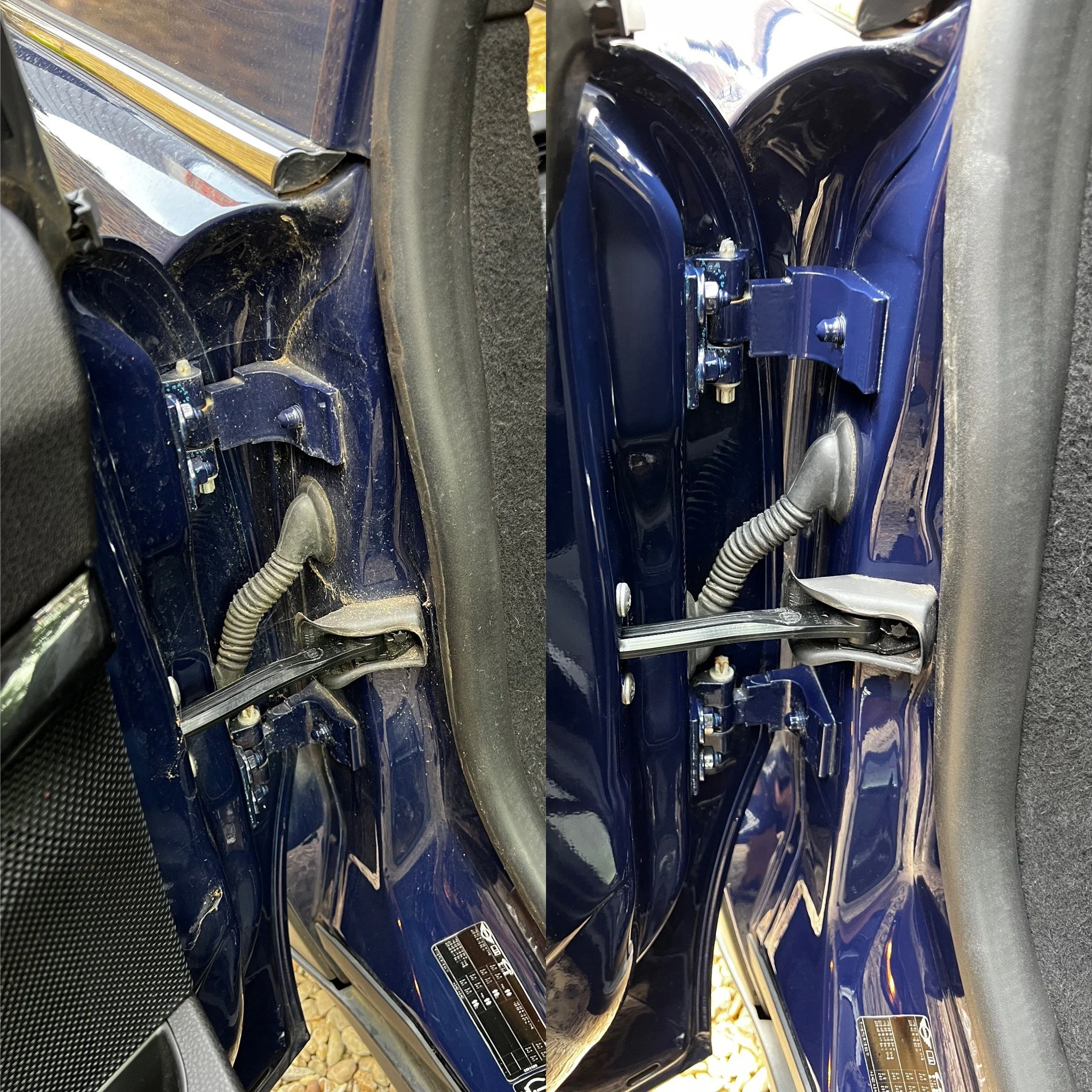 Before and after images of a car door hinge after a full detail valet by Oxford Car Detailing.