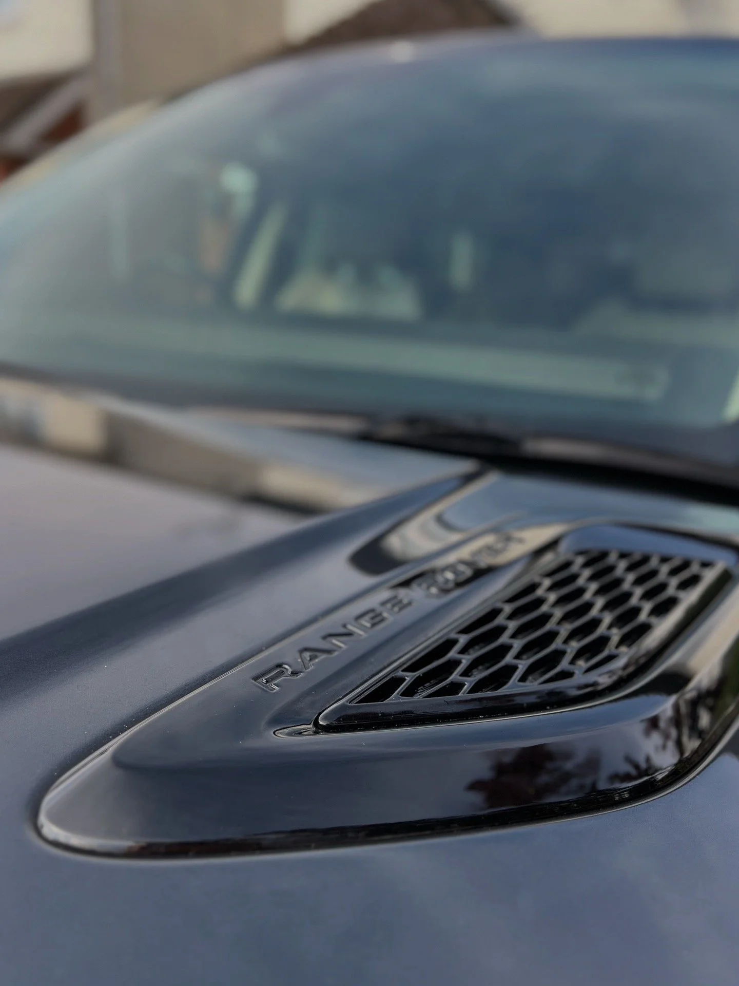 Close-up of a black Range Rover hood ornament with the brand name embossed, reflecting the sky and surroundings after exterior valet.