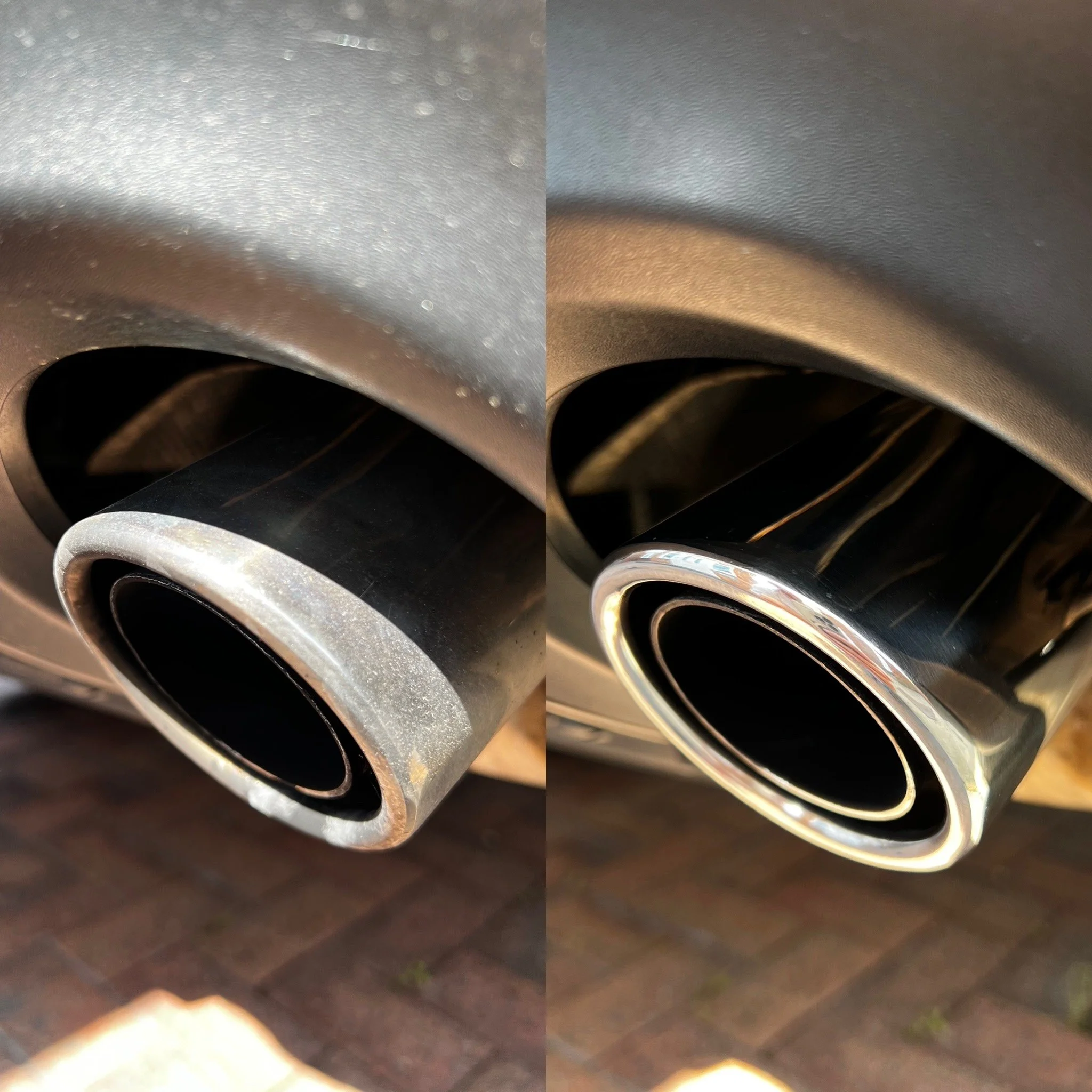 Comparison of a car's exhaust pipe before and after cleaning and a full detail valet by Oxford Car Detailing.